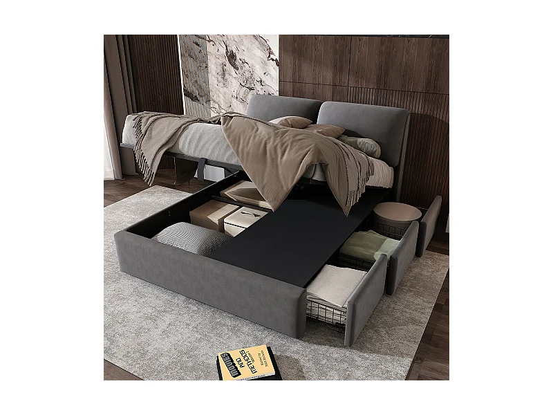 Cama com arrumação 140x190 cm, cama de casal em veludo cinzento com gavetas e cabeceira ajustável (sem colchão)
