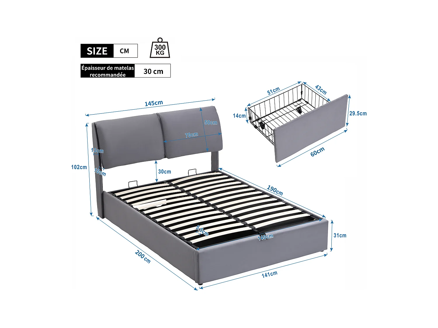 Lit coffre adulte 140x190 cm ,lit adulte en velours gris avec tiroirs et tête de lit réglable(sans matelas)