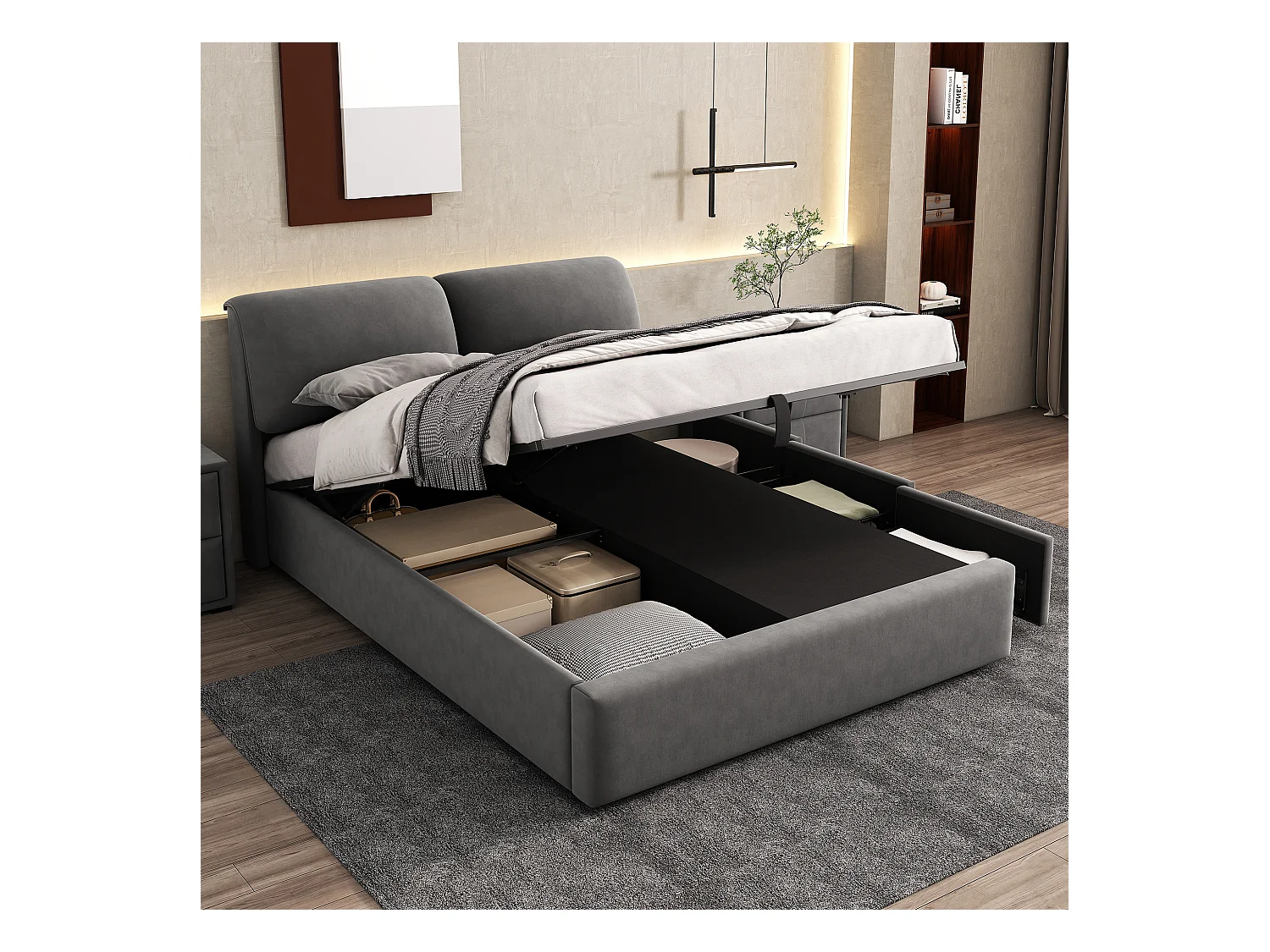 Lit coffre adulte 140x190 cm ,lit adulte en velours gris avec tiroirs et tête de lit réglable(sans matelas)