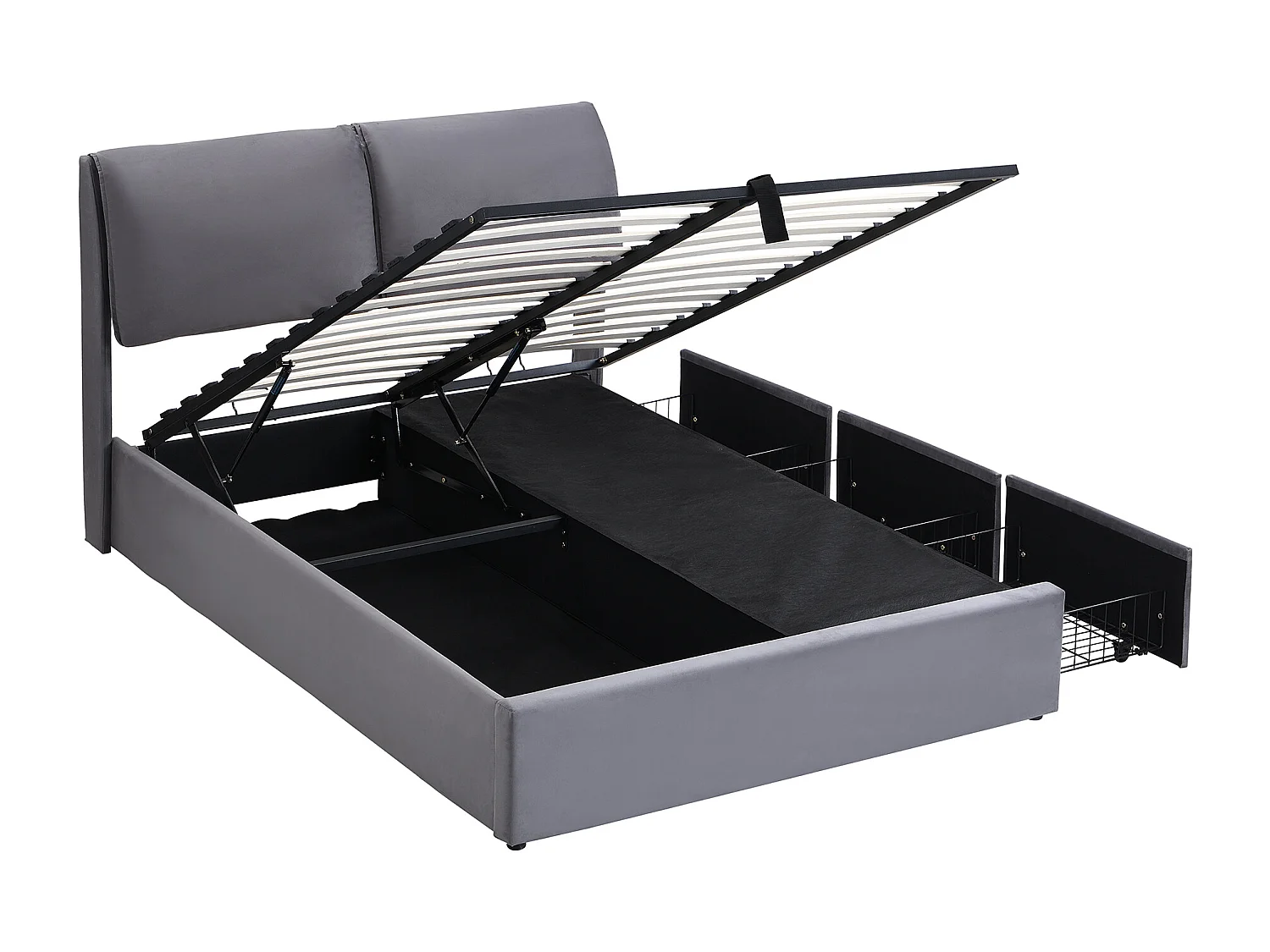 Cama com arrumação 140x190 cm, cama de casal em veludo cinzento com gavetas e cabeceira ajustável (sem colchão)