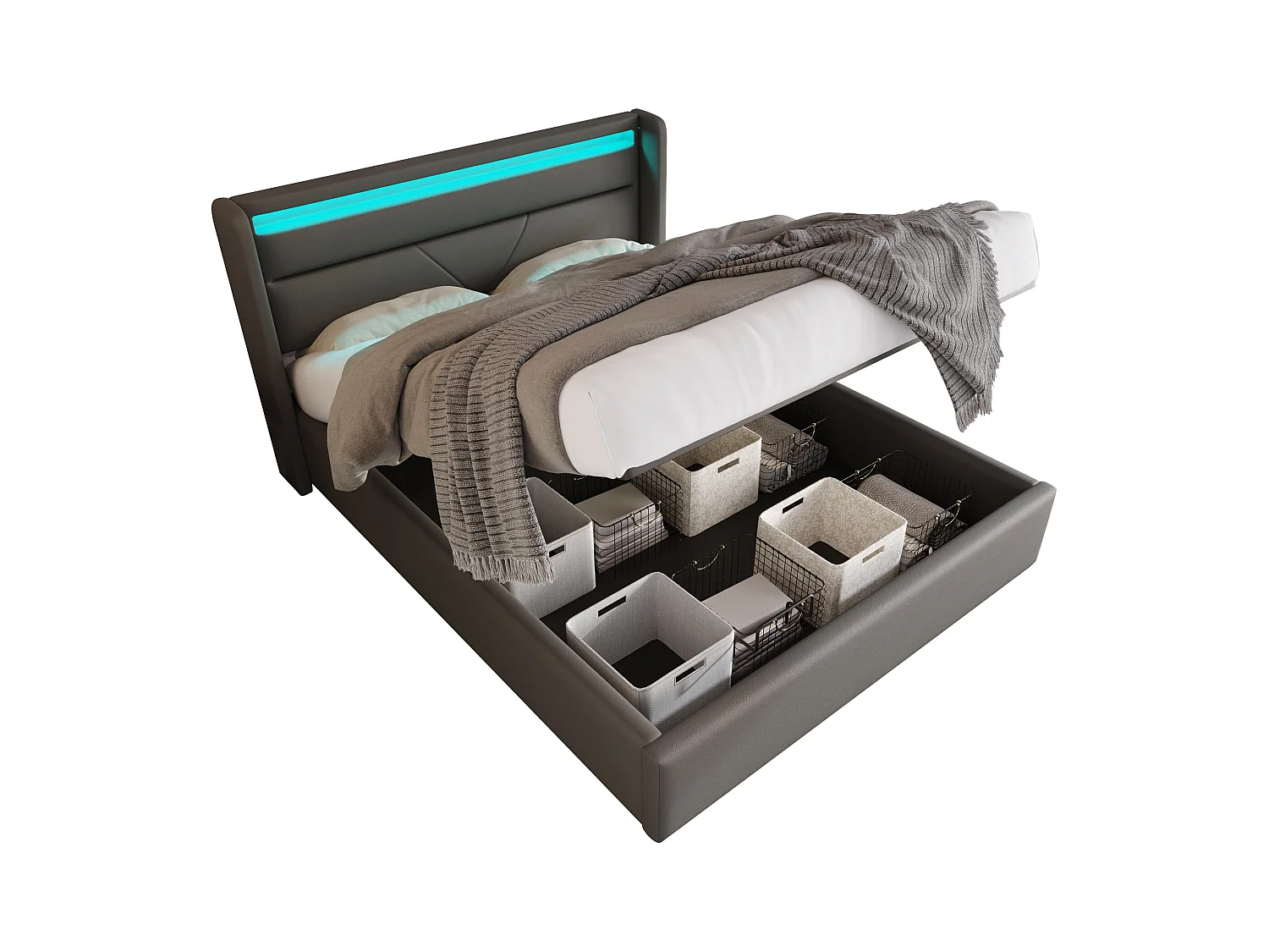 Lit coffre 140x200 cm - lit double capitonné avec bandeau lumineux LED et télécommande - PU - gris