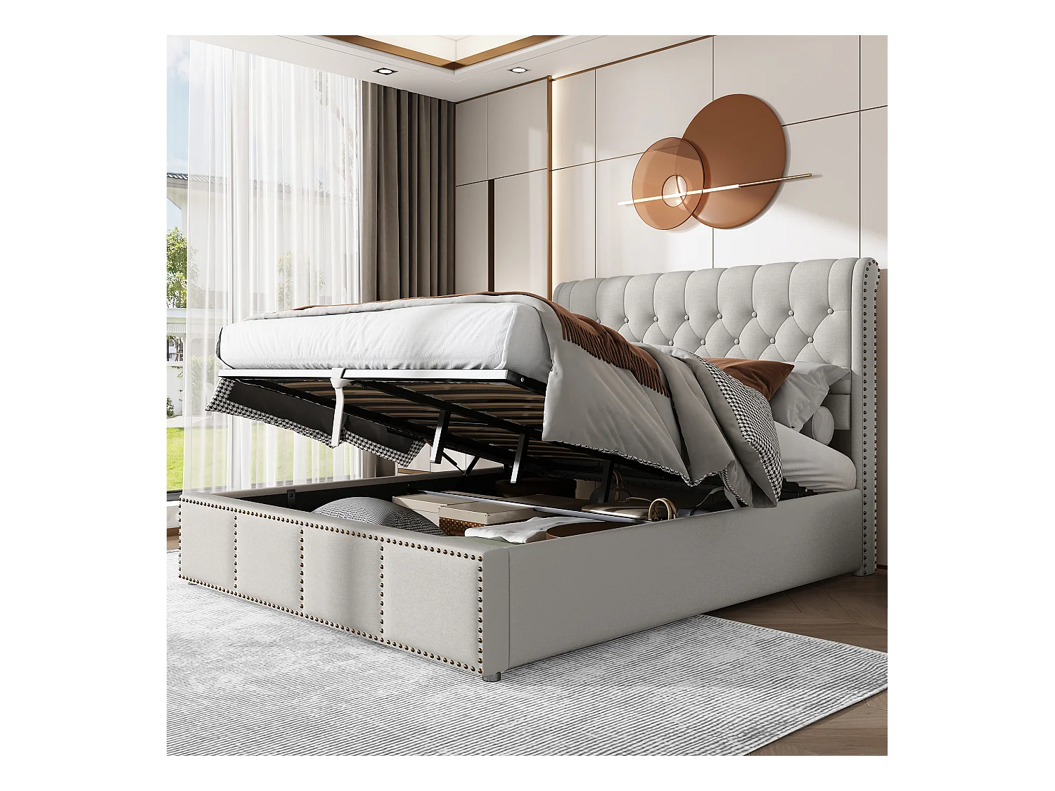 Lit coffre double 140x200 cm, lit adulte hydraulique avec sommier à lattes en bois, tissu en lin gris - sans matelas