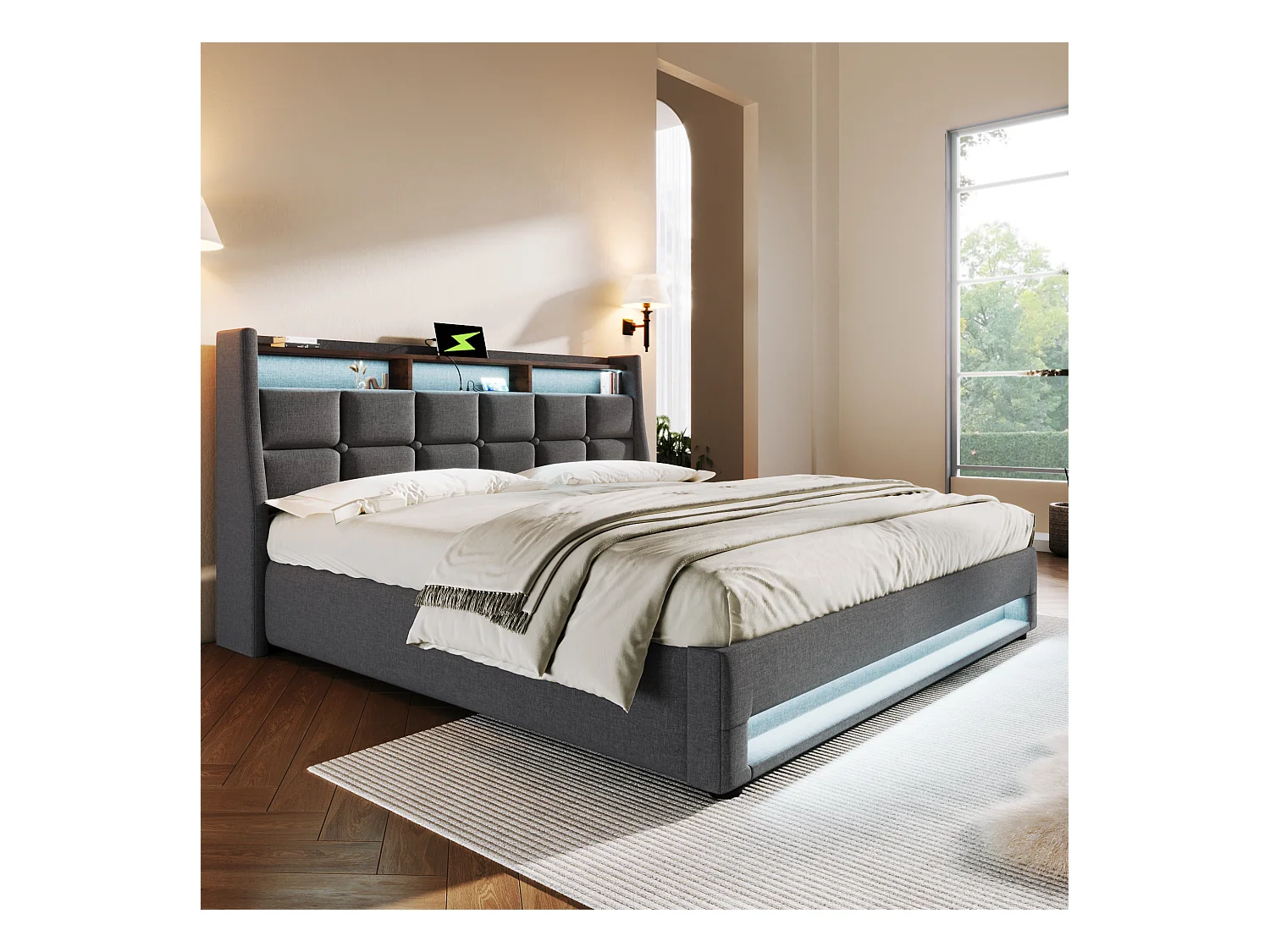 Bed met opbergruimte 180x200 cm, volwassen bed met USB en LED, gestoffeerd tweepersoonsbed, Hout+Metaal+Linnen, zonder matras, grijs