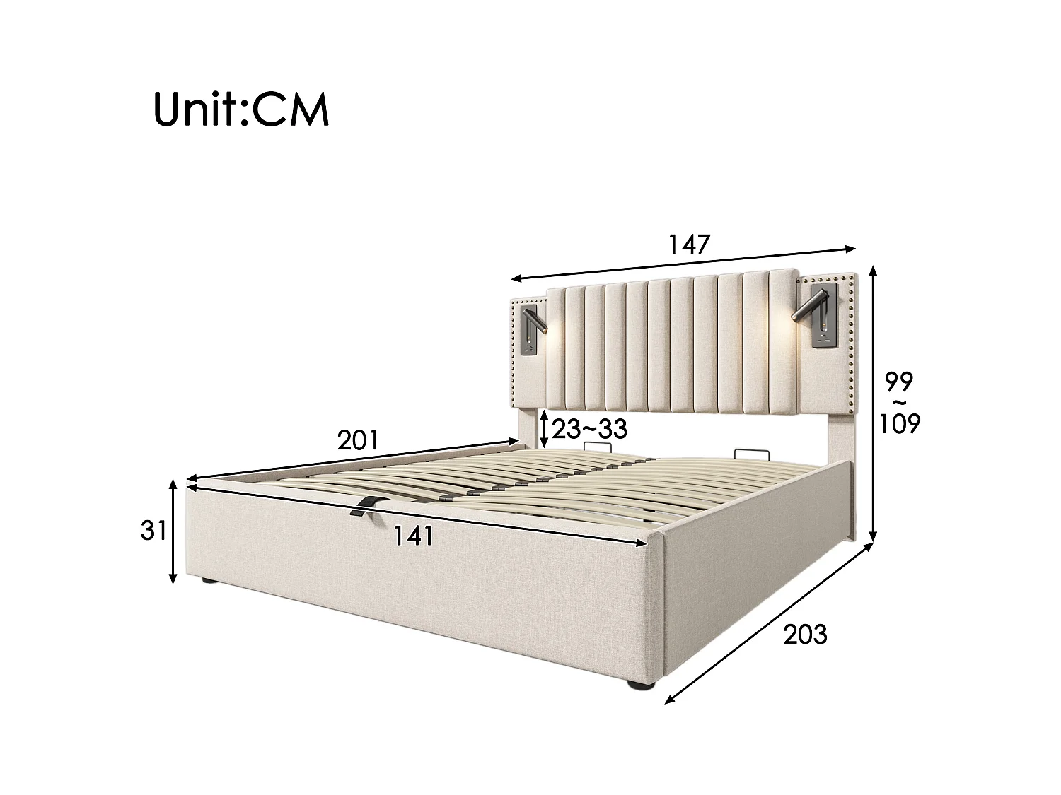 Lit coffre 140x200 cm - lit double avec fonction de charge USB et lampe de lecture - coton - beige - sans matelas