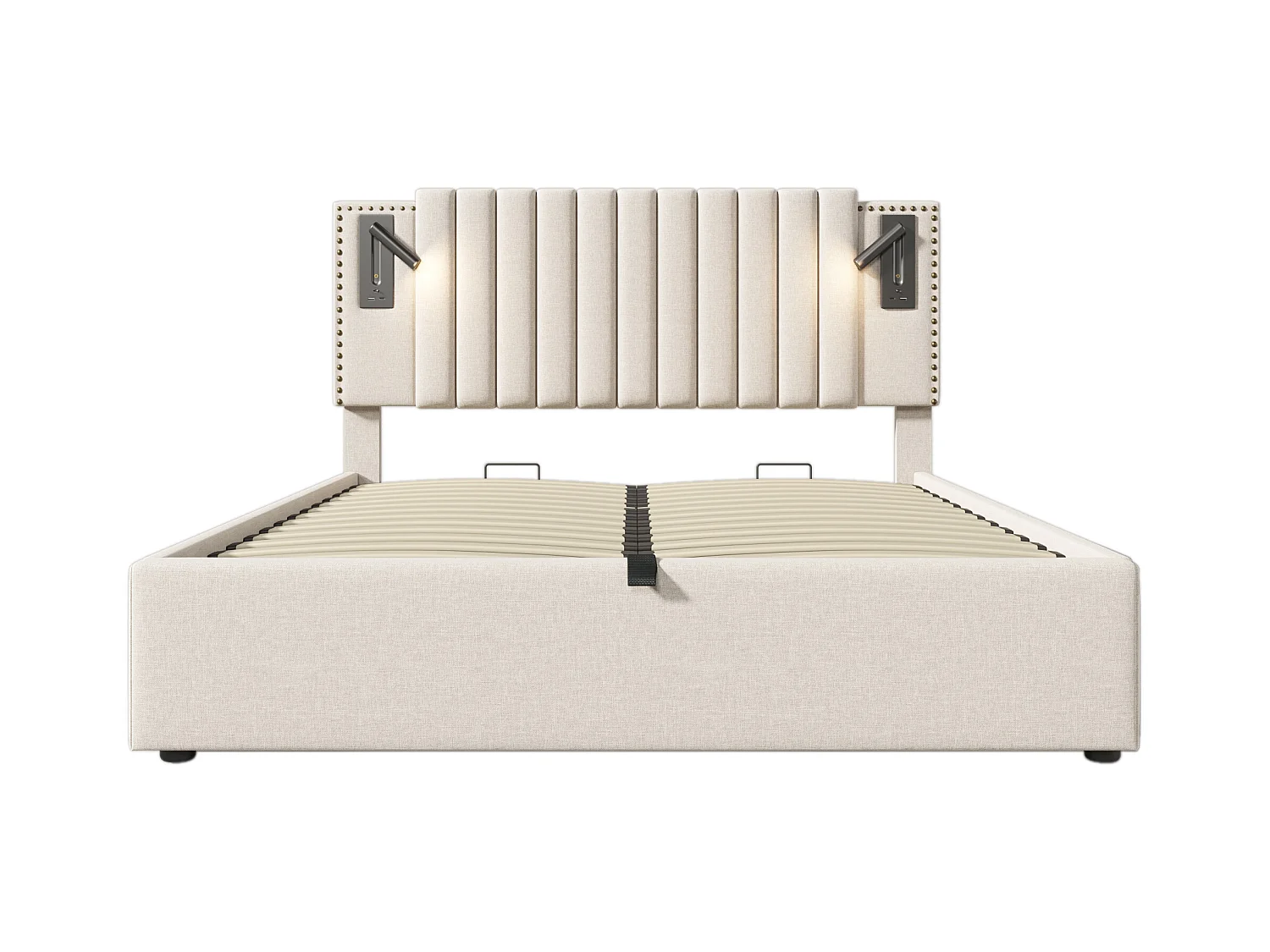 Lit coffre 140x200 cm - lit double avec fonction de charge USB et lampe de lecture - coton - beige - sans matelas