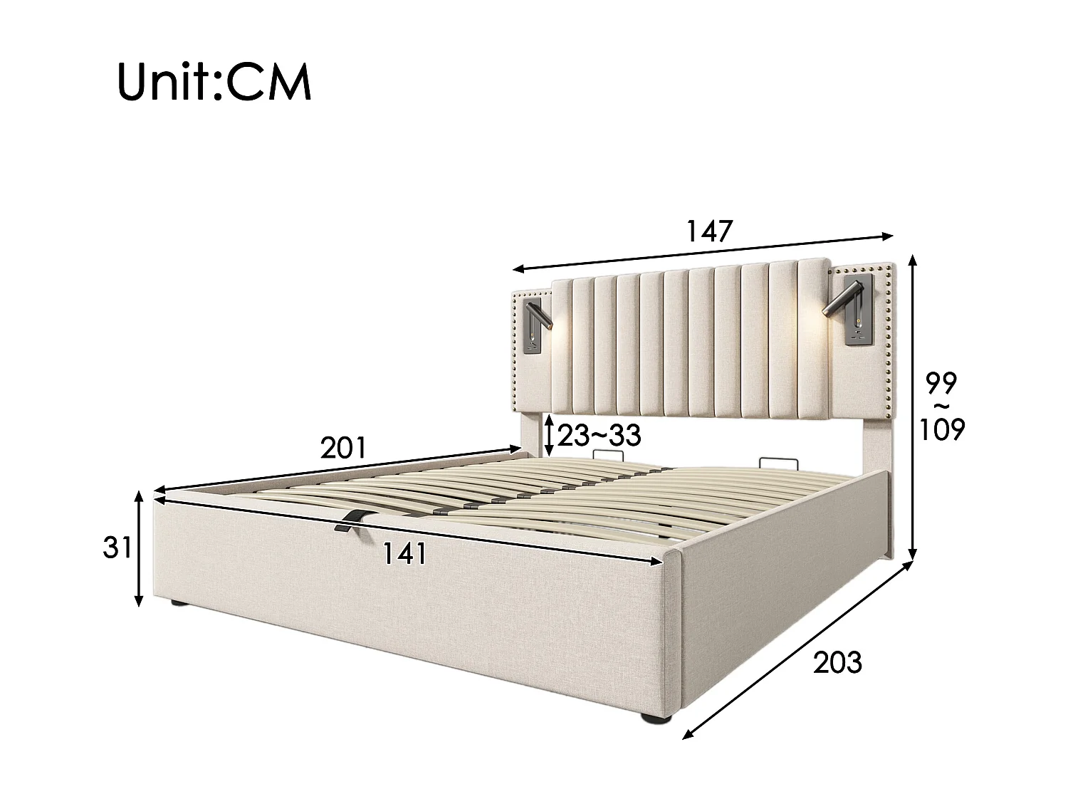Cama contenedor 140x200 cm - cama doble tapizada con función de carga USB y lámpara de lectura - algodón - beige - sin colchón