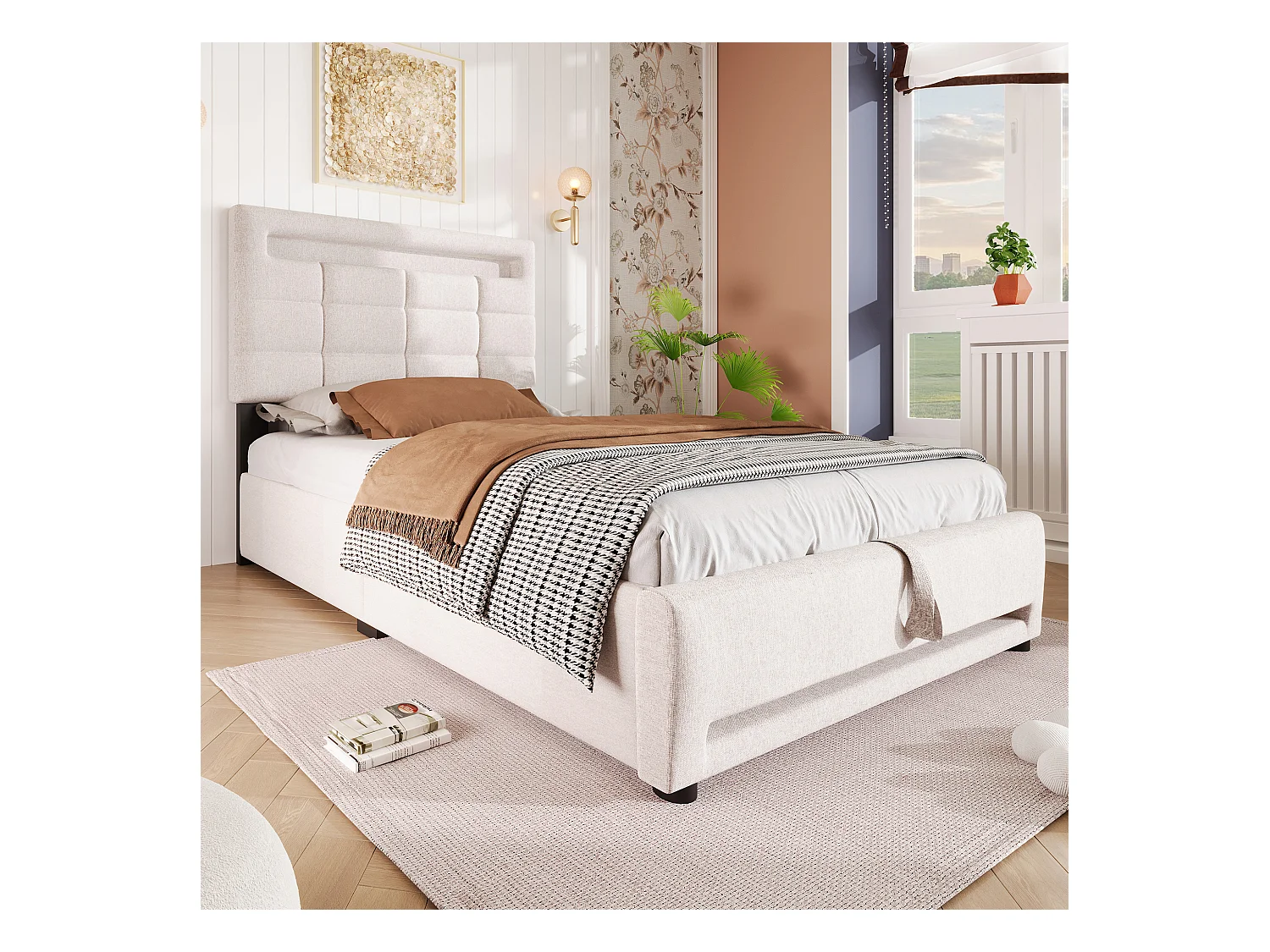 Cama baúl individual adulto 90x200 cm, en lino beige con iluminación LED y puerto USB (sin colchón)