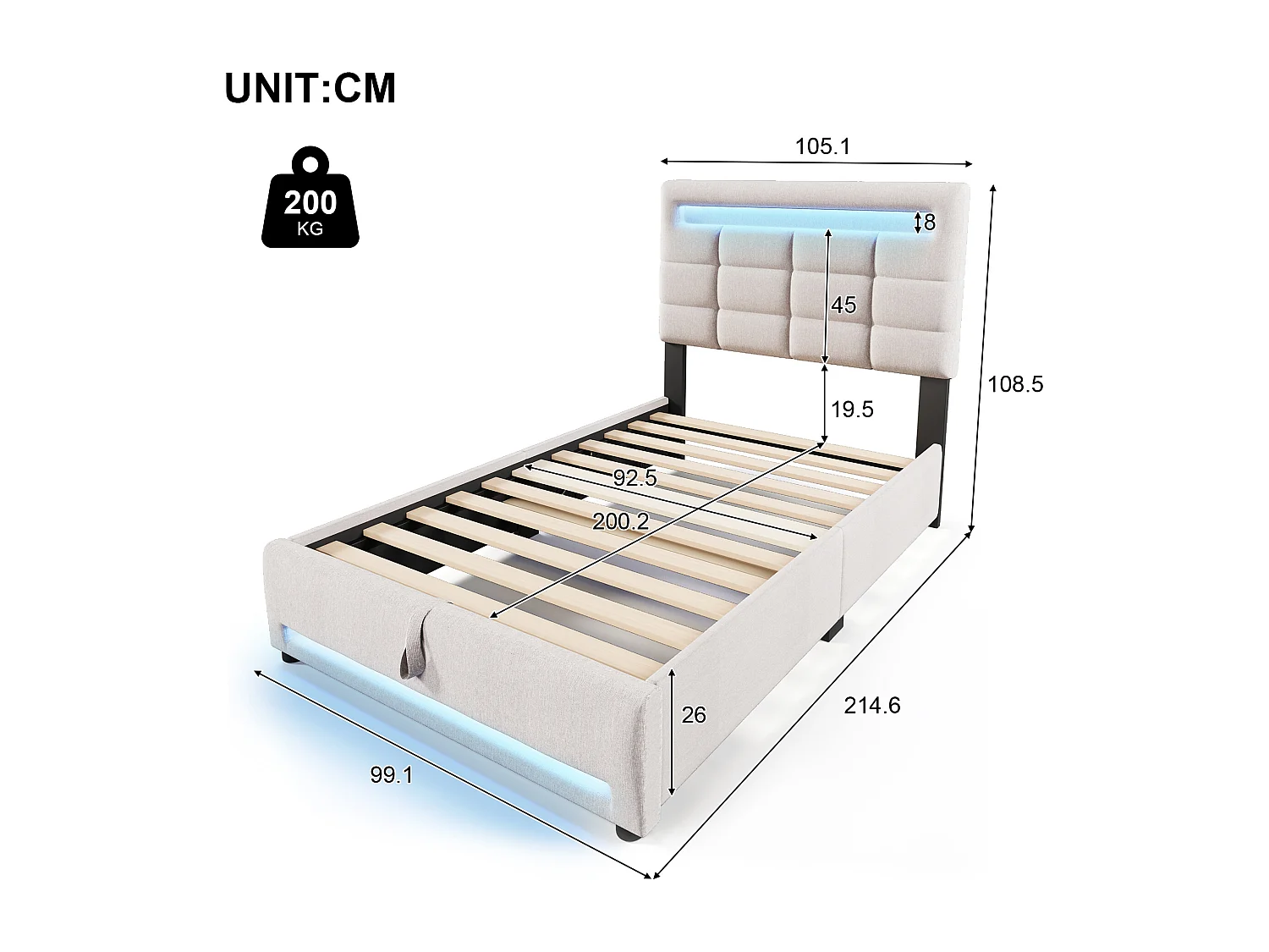 Lit coffre enfant adulte 90x200cm, en Lin beige avec Éclairage LED, Prise USB(sans matelas)
