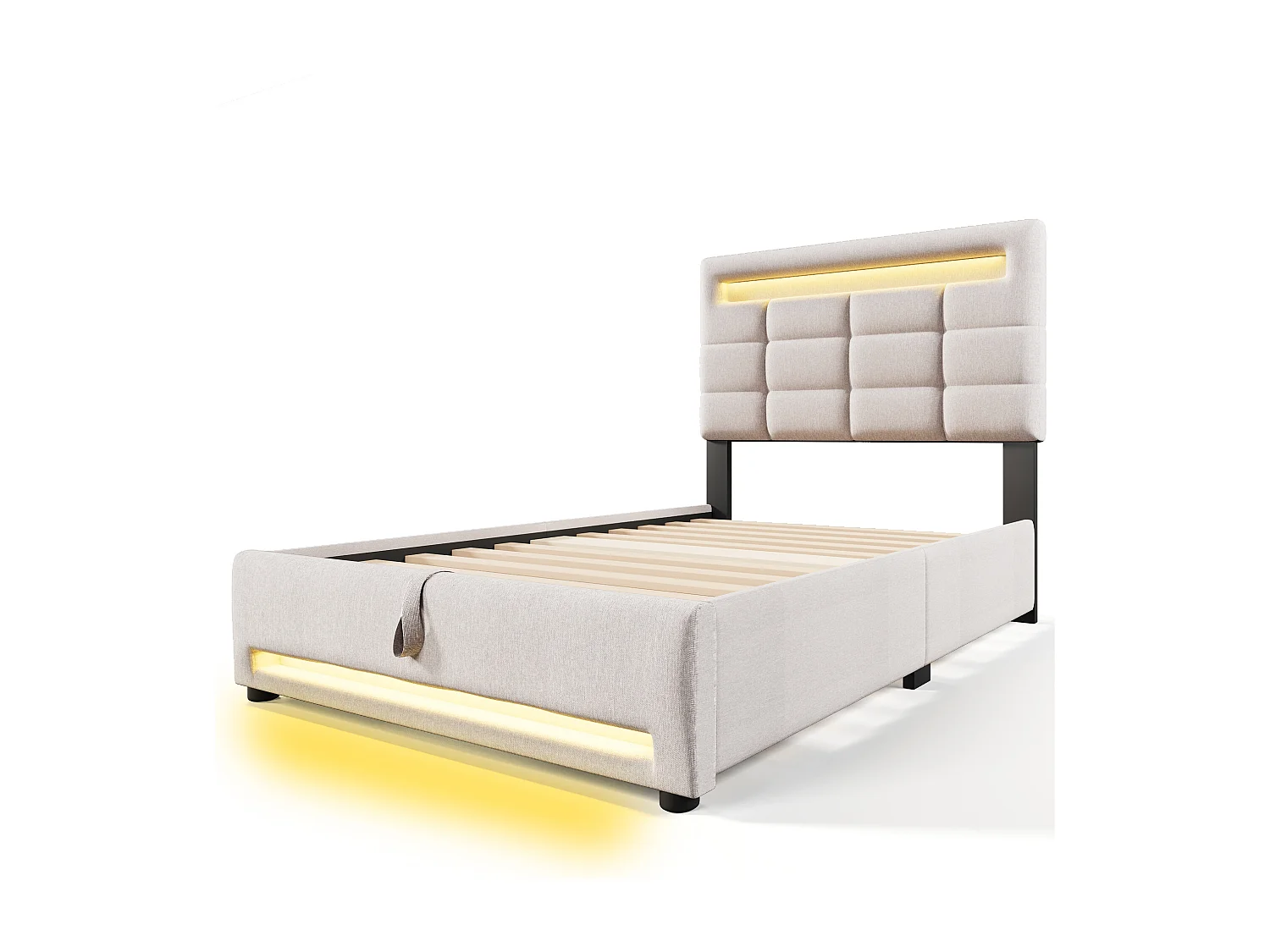 Lit coffre enfant adulte 90x200cm, en Lin beige avec Éclairage LED, Prise USB(sans matelas)