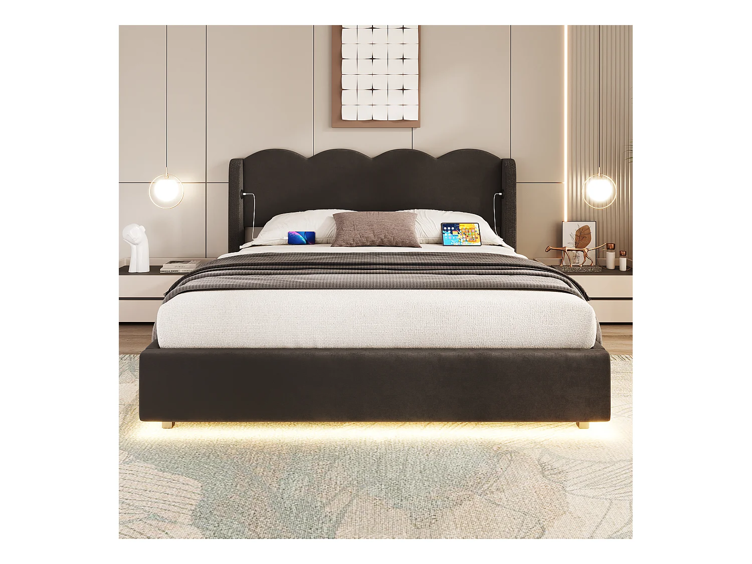 Lit coffre 160x200 cm - lit capitonné avec lumière LED et port de chargement USB-C - tête de lit ondulée - velours - noir