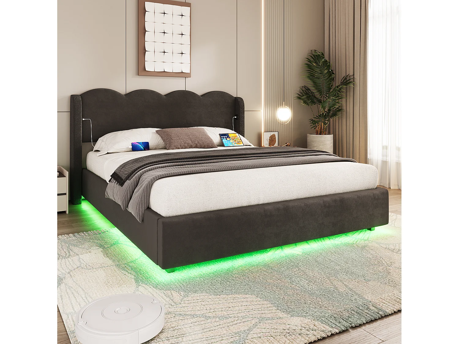 Letto contenitore 160x200 cm - letto imbottito con luce LED e porta di ricarica USB-C - testiera ondulata - velluto - nero