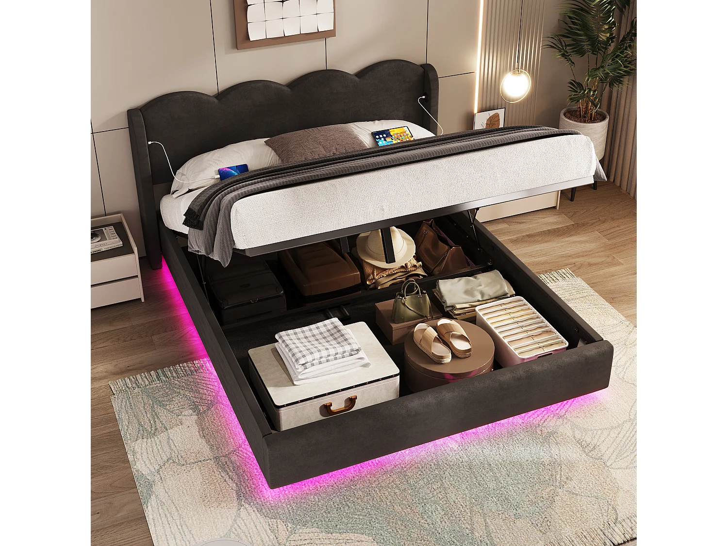 Letto contenitore 160x200 cm - letto imbottito con luce LED e porta di ricarica USB-C - testiera ondulata - velluto - nero