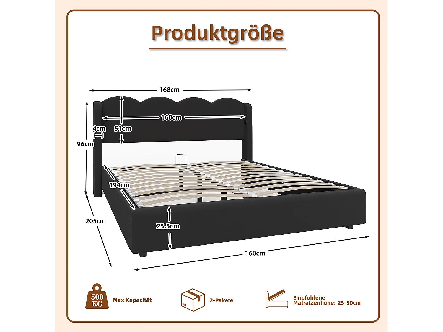 Letto contenitore 160x200 cm - letto imbottito con luce LED e porta di ricarica USB-C - testiera ondulata - velluto - nero