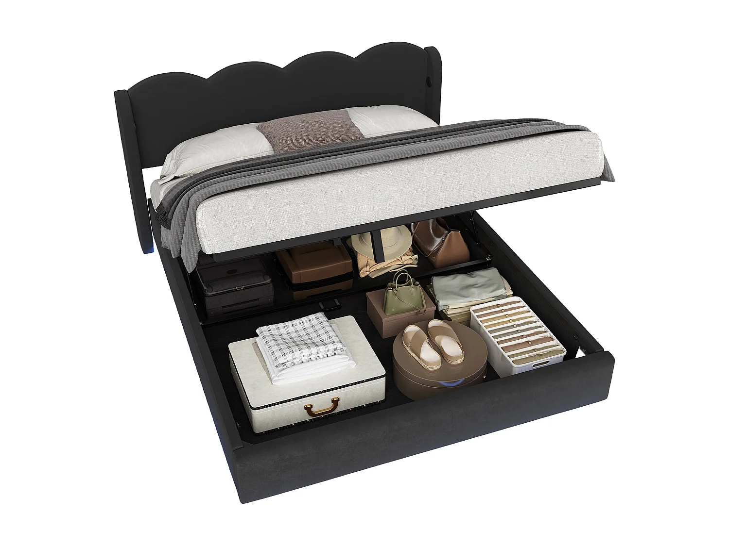 Letto contenitore 160x200 cm - letto imbottito con luce LED e porta di ricarica USB-C - testiera ondulata - velluto - nero