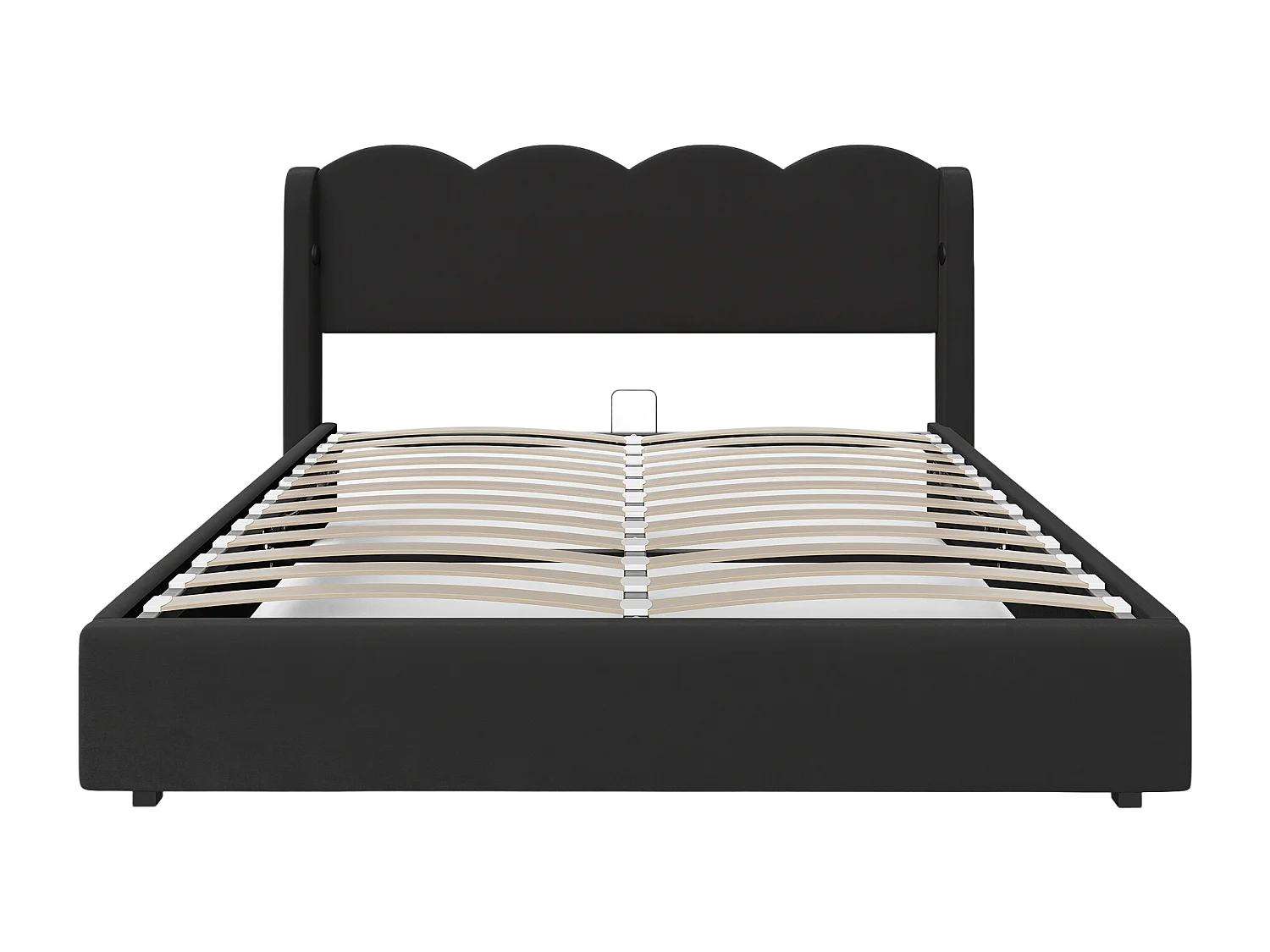 Letto contenitore 160x200 cm - letto imbottito con luce LED e porta di ricarica USB-C - testiera ondulata - velluto - nero