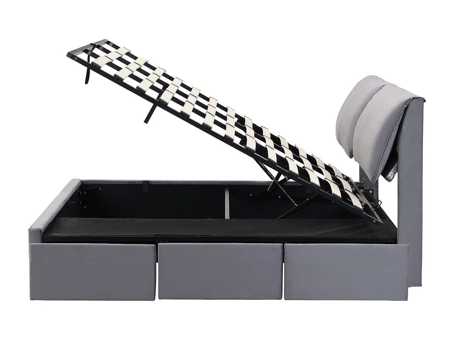 Letto contenitore 160x200 cm - letto imbottito con luce LED e porta di ricarica USB-C - testiera ondulata - velluto - nero