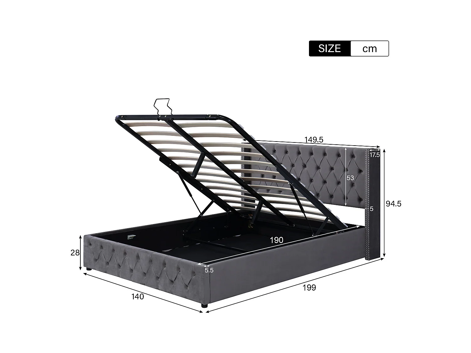 Lit coffre 140x190 cm - lit double en forme d'oreille double rangée de rivets - lit double - velours - gris