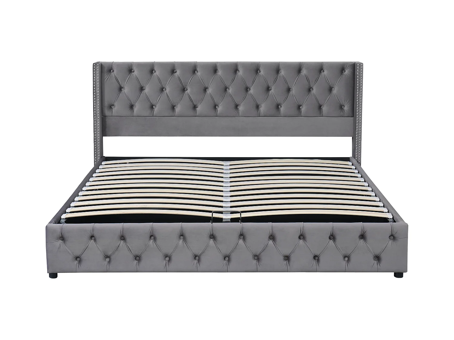 Lit coffre 140x190 cm - lit double en forme d'oreille double rangée de rivets - lit double - velours - gris