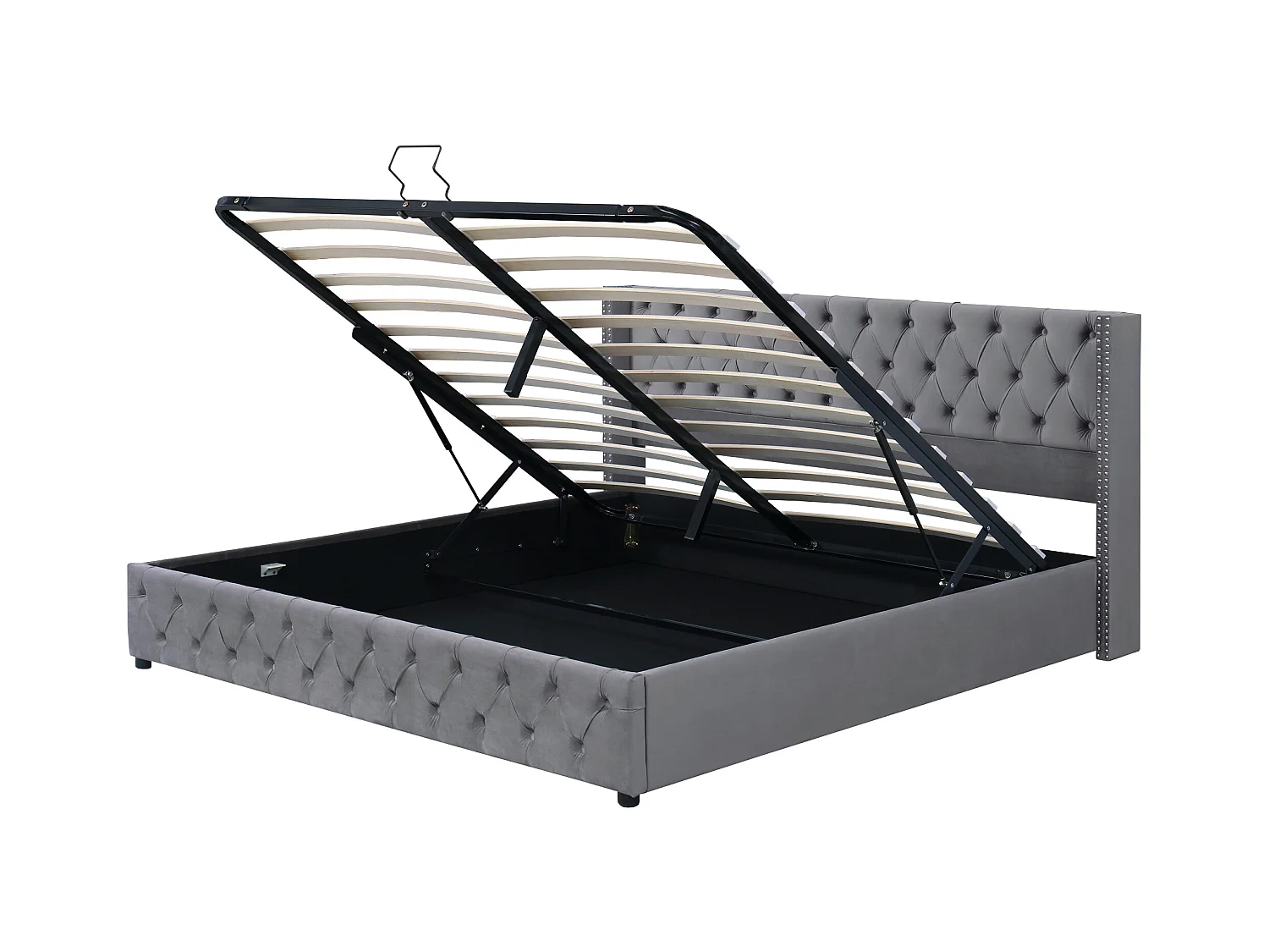 Lit coffre 140x190 cm - lit double en forme d'oreille double rangée de rivets - lit double - velours - gris