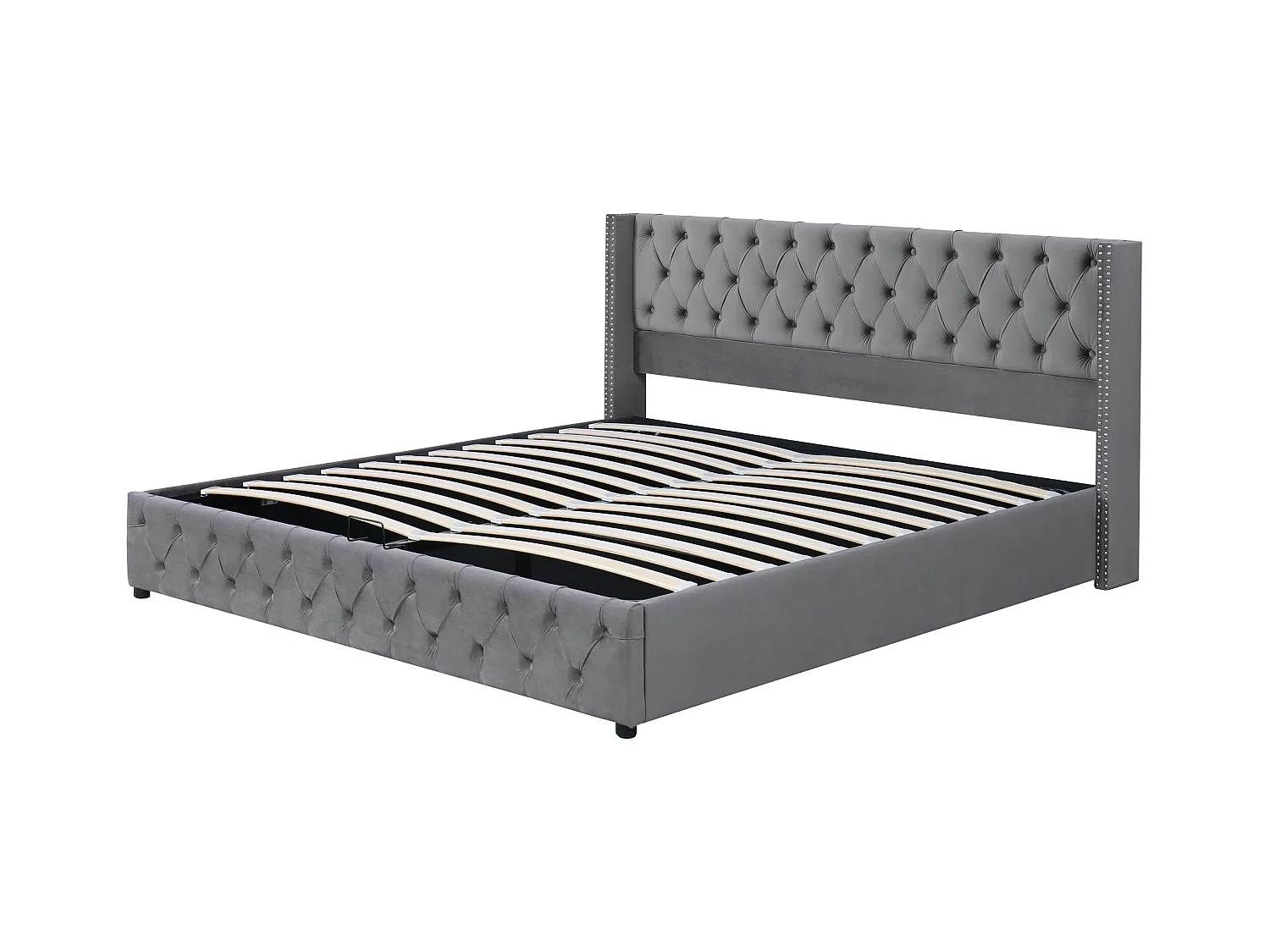 Lit coffre 140x190 cm - lit double en forme d'oreille double rangée de rivets - lit double - velours - gris