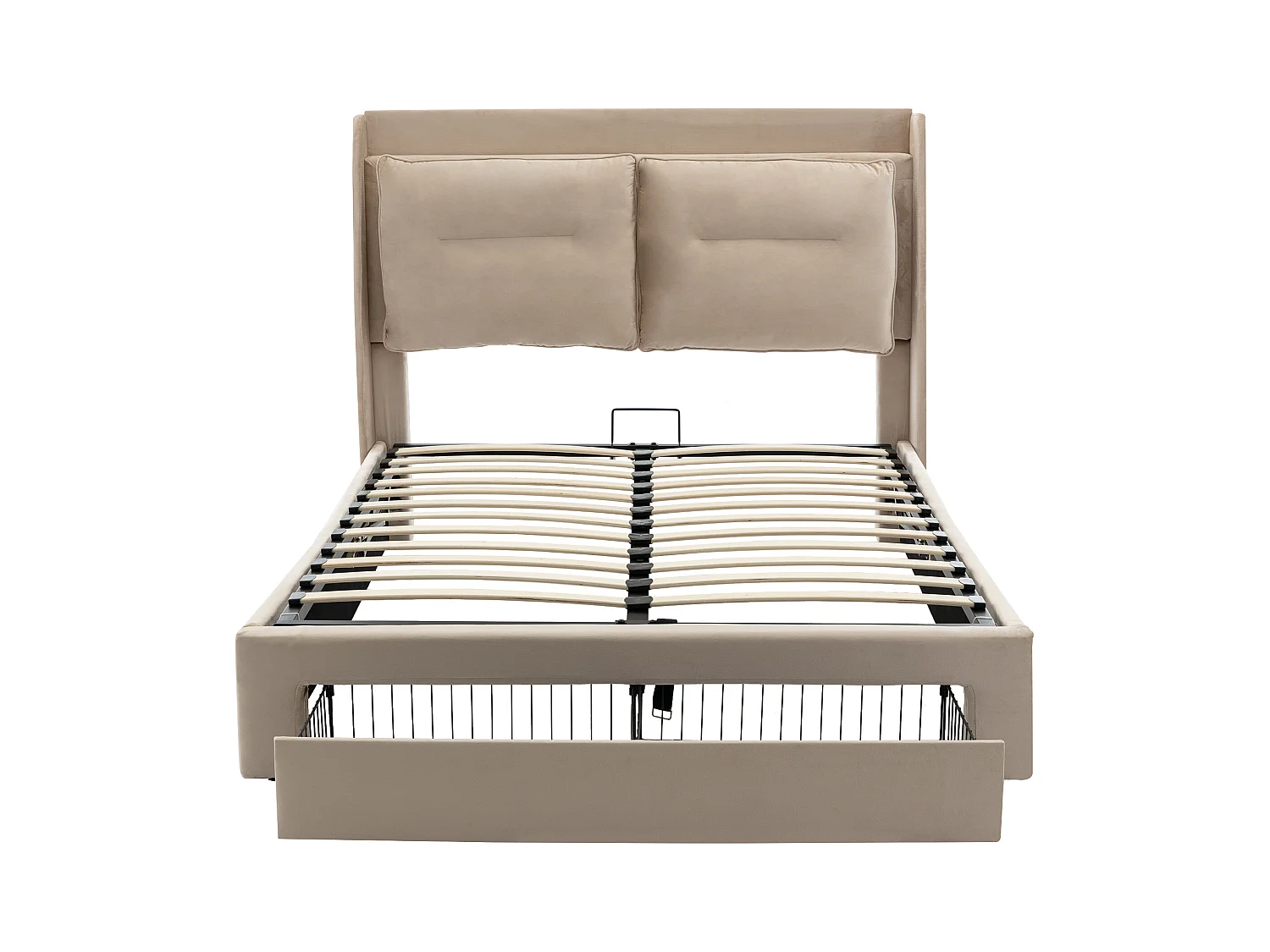 Lit coffre 140x190 cm - lit capitonné avec tiroir de rangement 2 en 1 et bande lumineuse LED - velours - beige - sans matelas
