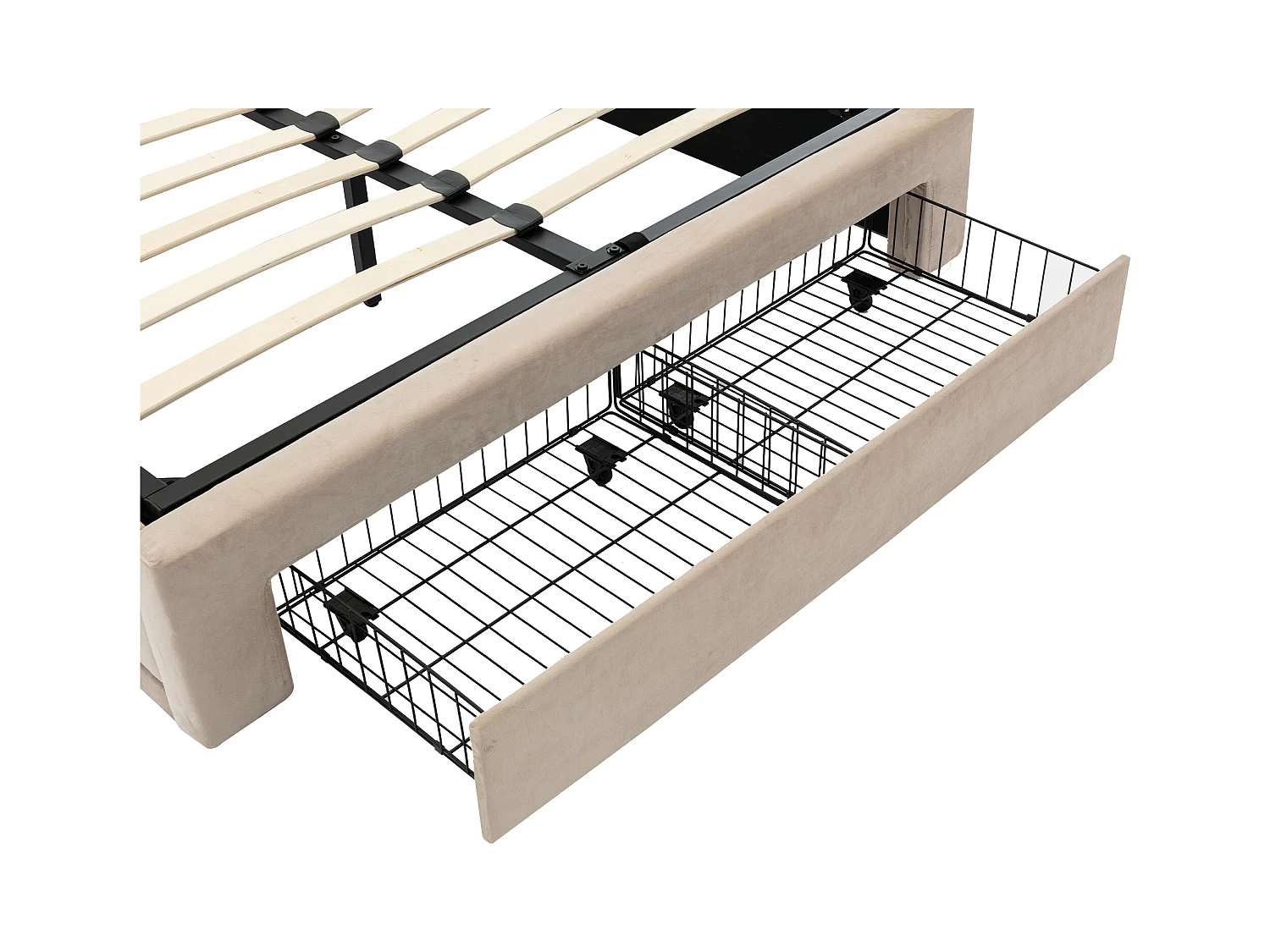 Lit coffre 140x190 cm - lit capitonné avec tiroir de rangement 2 en 1 et bande lumineuse LED - velours - beige - sans matelas