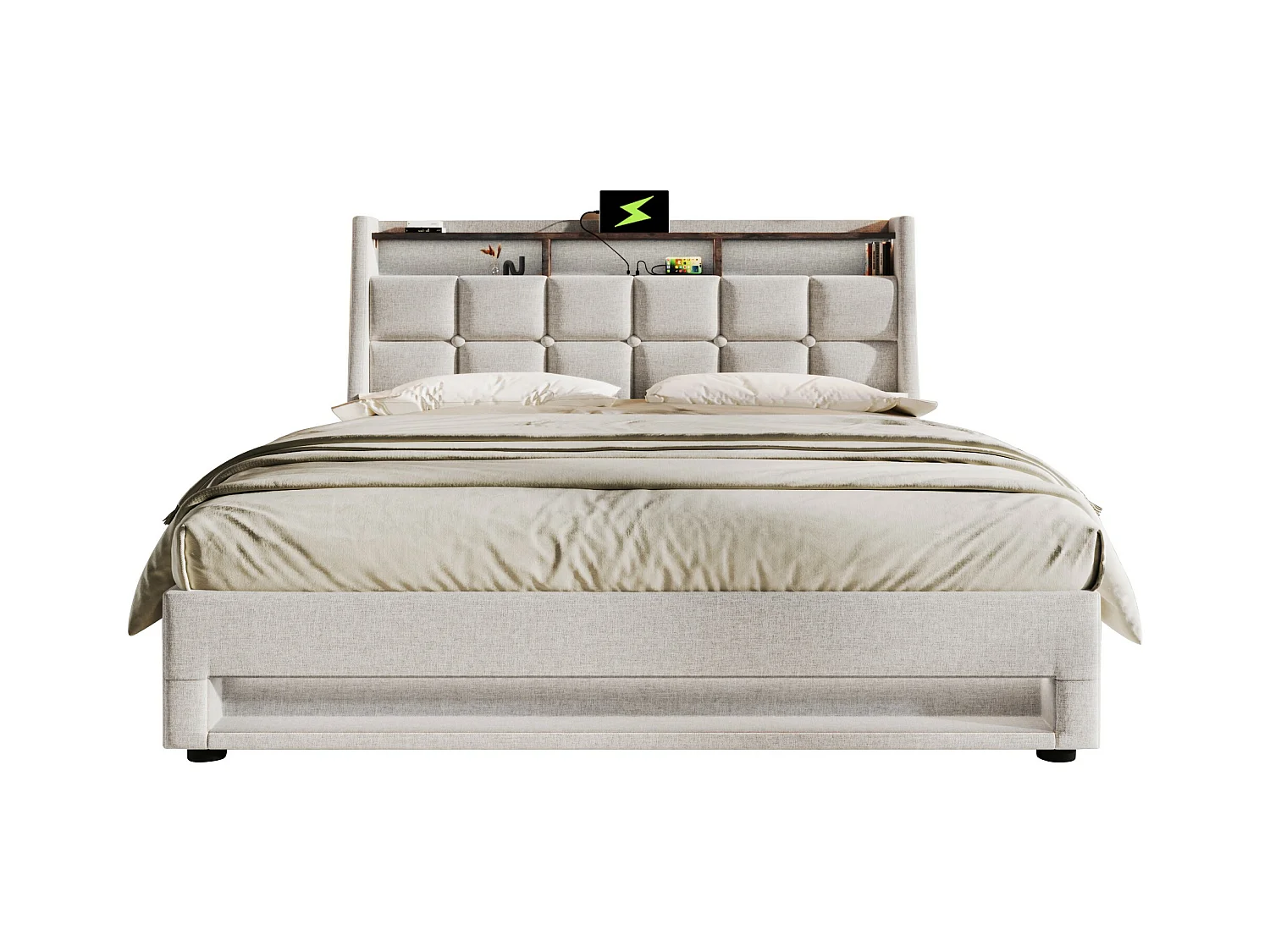 Opbergbed 180x200 cm, gestoffeerd tweepersoonsbed voor volwassenen met USB en LED, hout + metaal + linnen, beige, zonder matras