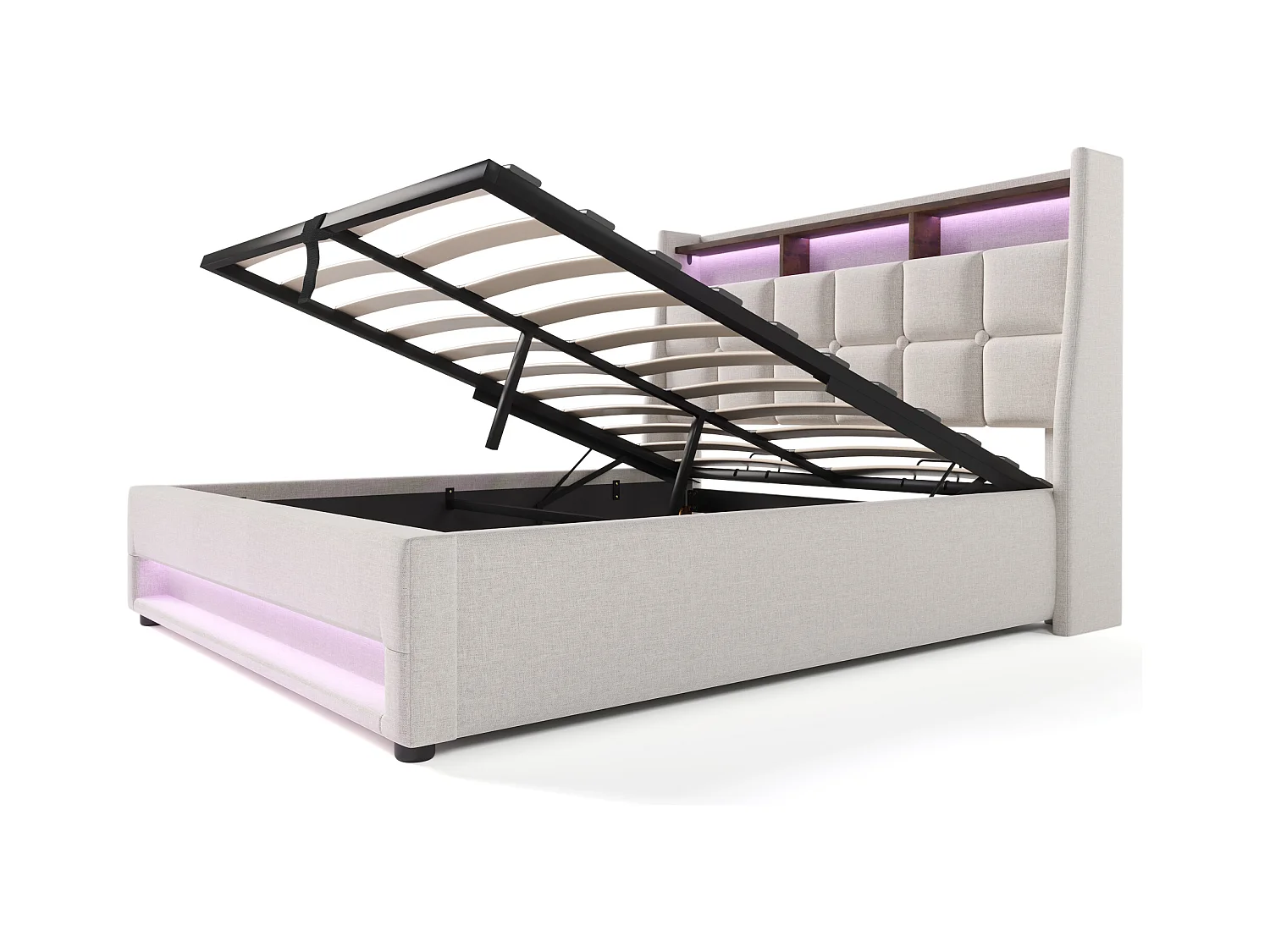 Opbergbed 180x200 cm, gestoffeerd tweepersoonsbed voor volwassenen met USB en LED, hout + metaal + linnen, beige, zonder matras