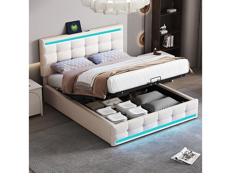Lit coffre adulte 140x200cm lit adulte avec ports USB et LED, tête de lit, en lin beige(sans matelas)