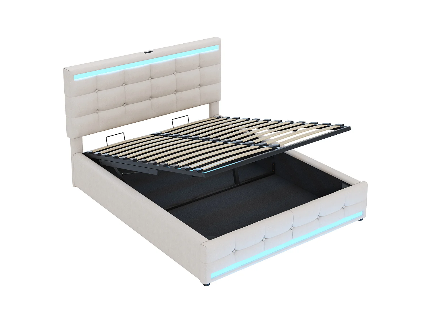 Lit coffre adulte 140x200cm lit adulte avec ports USB et LED, tête de lit, en lin beige(sans matelas)