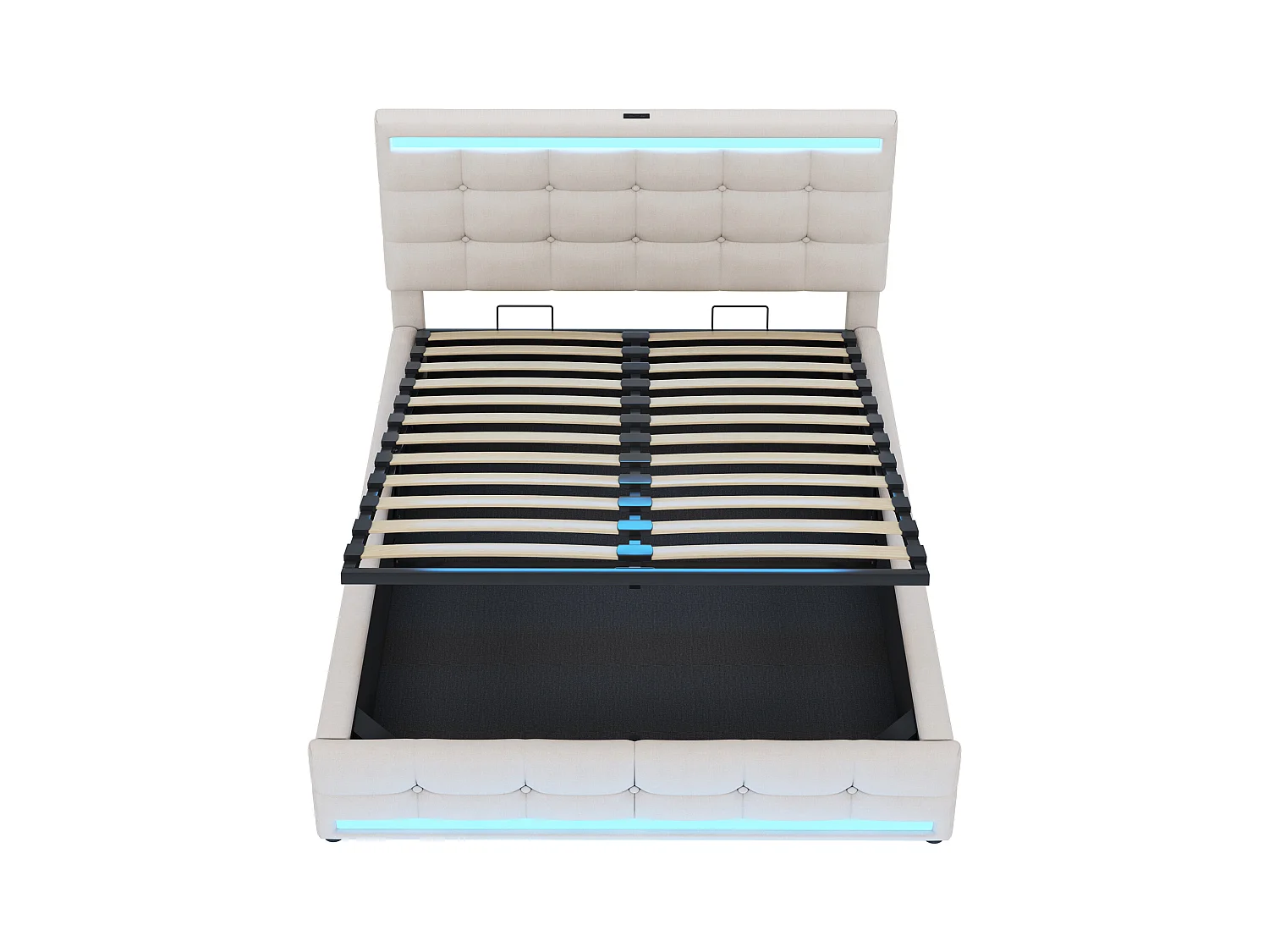 Lit coffre adulte 140x200cm lit adulte avec ports USB et LED, tête de lit, en lin beige(sans matelas)
