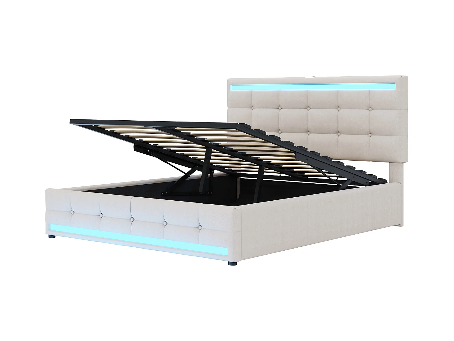 Lit coffre adulte 140x200cm lit adulte avec ports USB et LED, tête de lit, en lin beige(sans matelas)