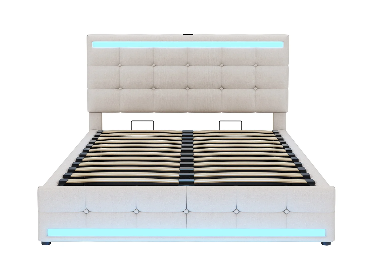 Lit coffre adulte 140x200cm lit adulte avec ports USB et LED, tête de lit, en lin beige(sans matelas)