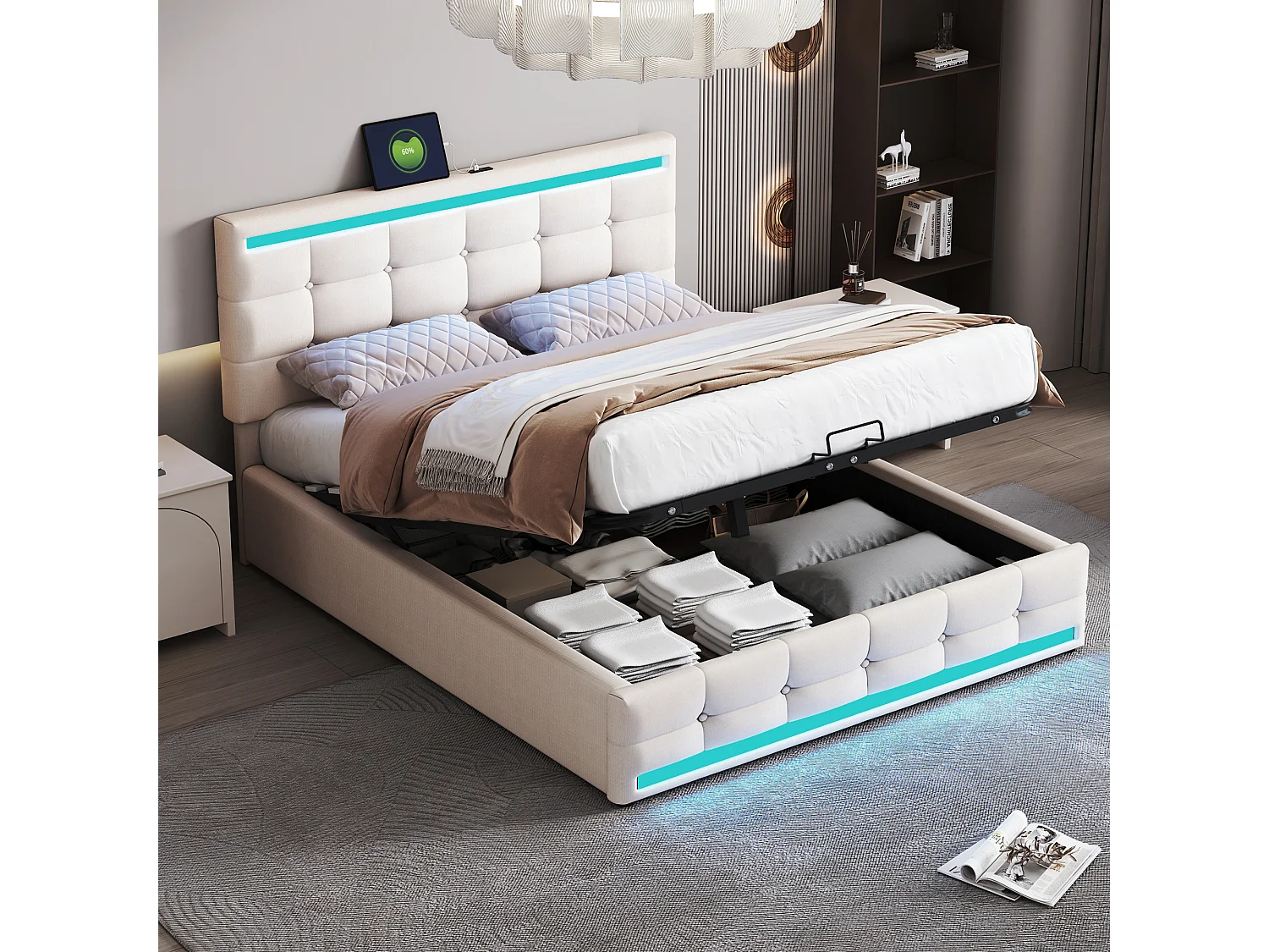 Lit coffre adulte 140x200cm lit adulte avec ports USB et LED, tête de lit, en lin beige(sans matelas)