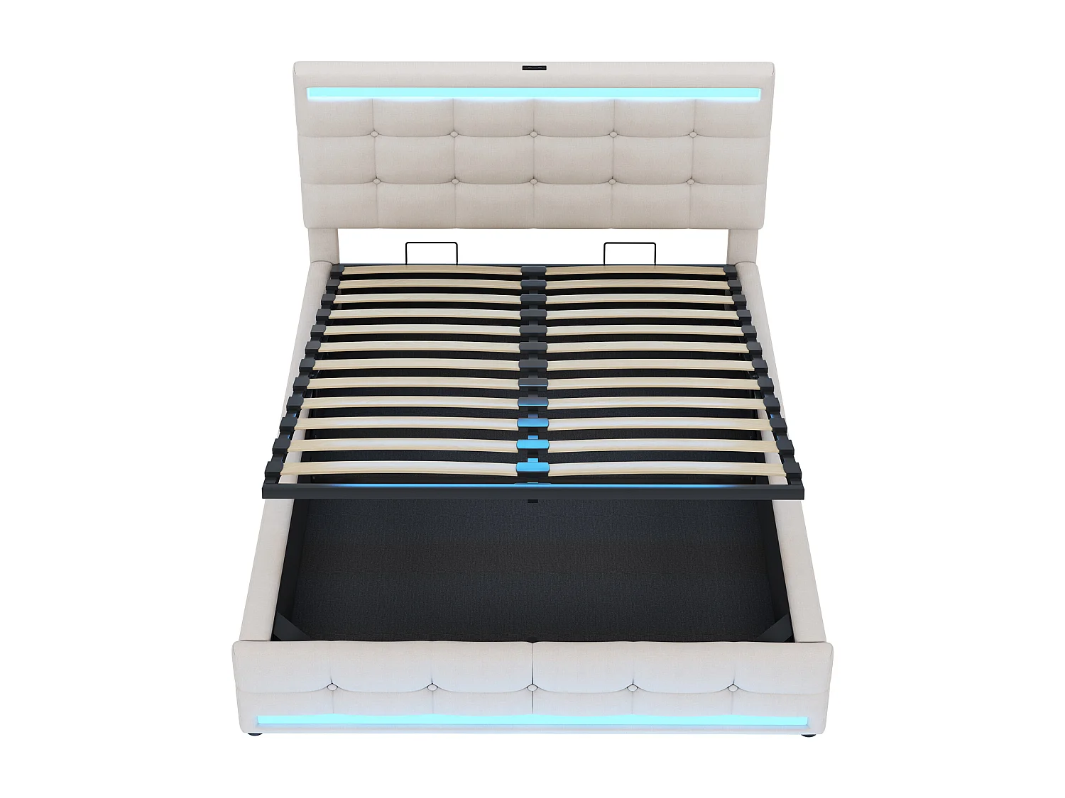 Lit coffre adulte 140x200cm lit adulte avec ports USB et LED, tête de lit, en lin beige(sans matelas)