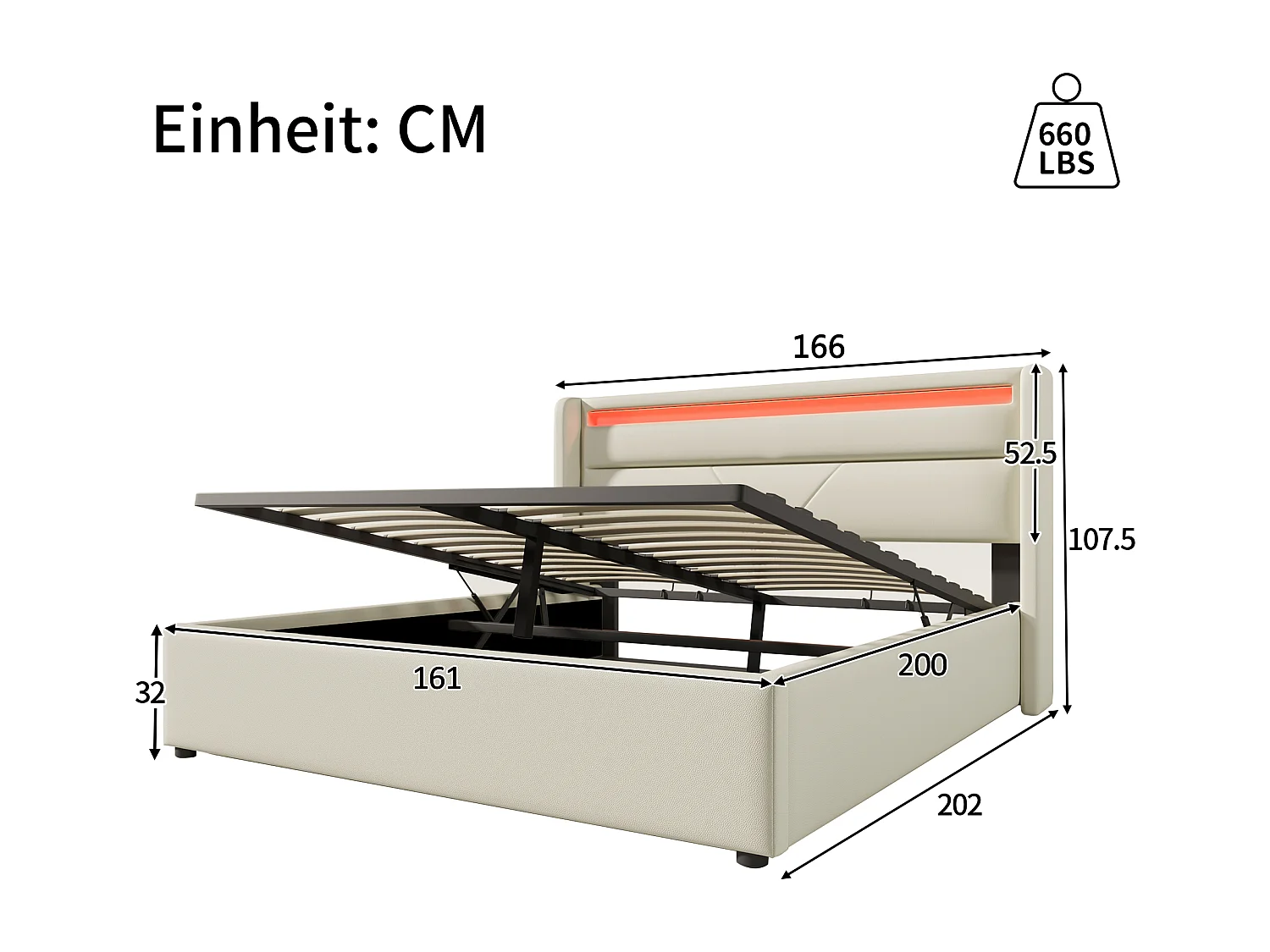 Lit coffre 160x200 cm - lit double capitonné avec bandeau lumineux LED et télécommande - PU - gris