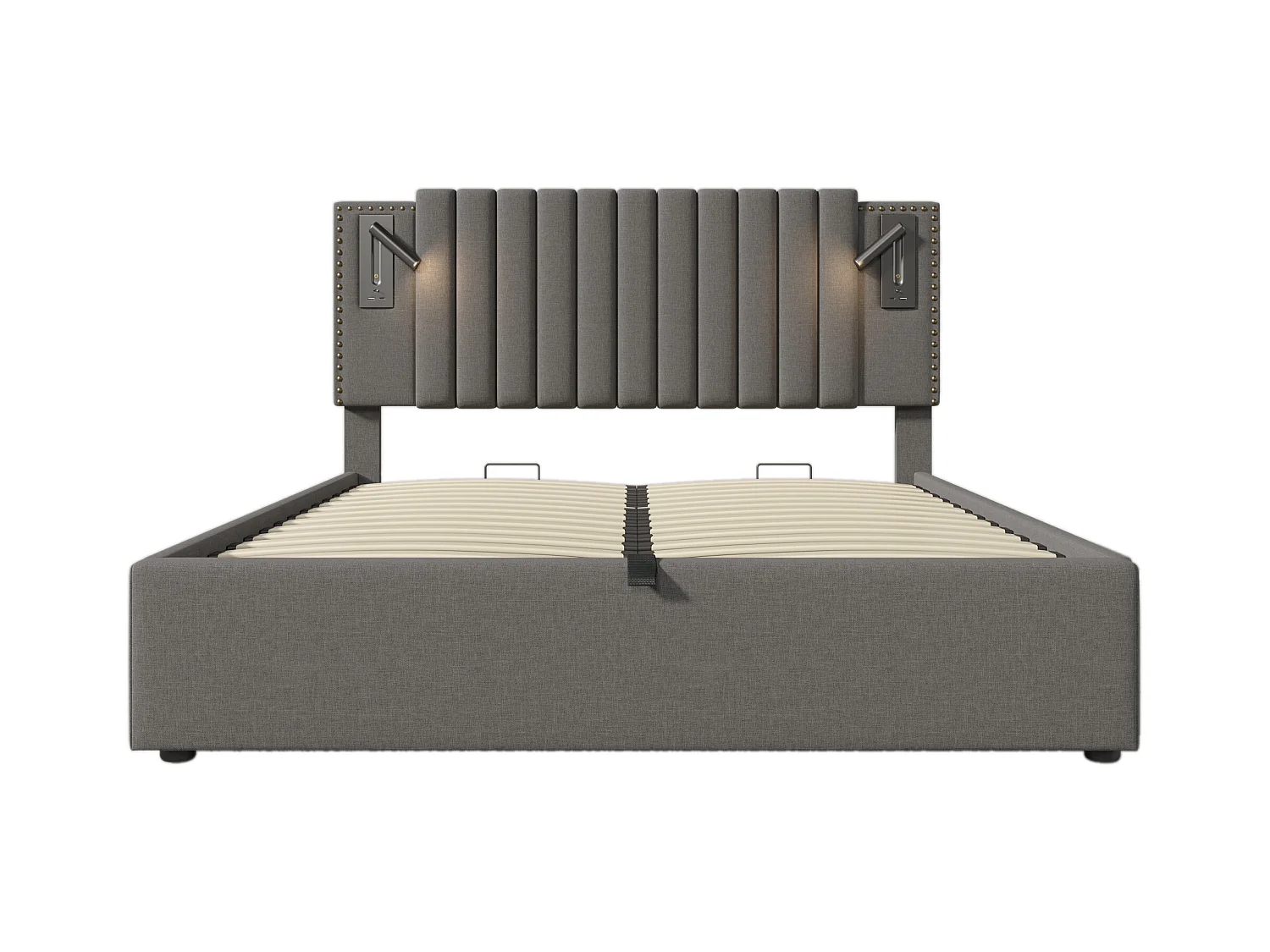 Lit coffre 180x200 cm - lit double avec fonction de charge USB et lampe de lecture - coton - gris - sans matelas