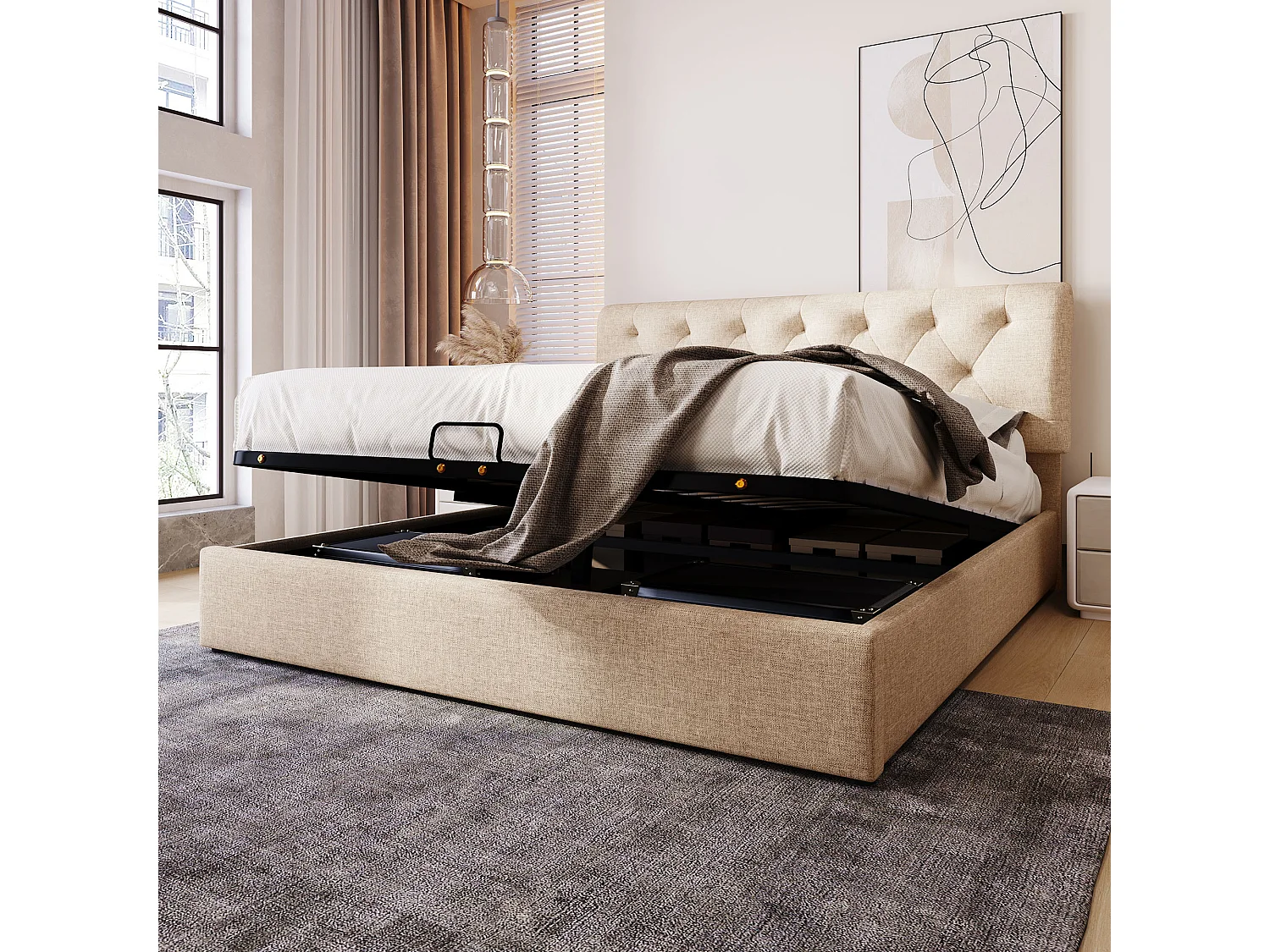 Lit coffre 140x200 cm - lit double avec tête de lit réglable - structure métal - lin - coloris naturel - sans matelas