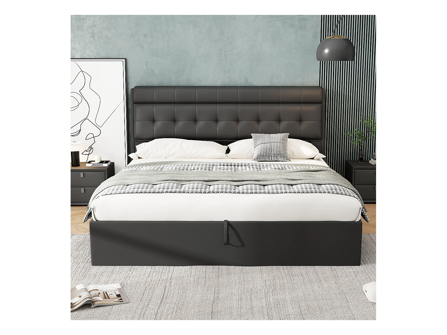 Lit coffre 180x200 cm - lit capitonné avec sommier à lattes et tête de lit coffre - PU - noir - sans matelas