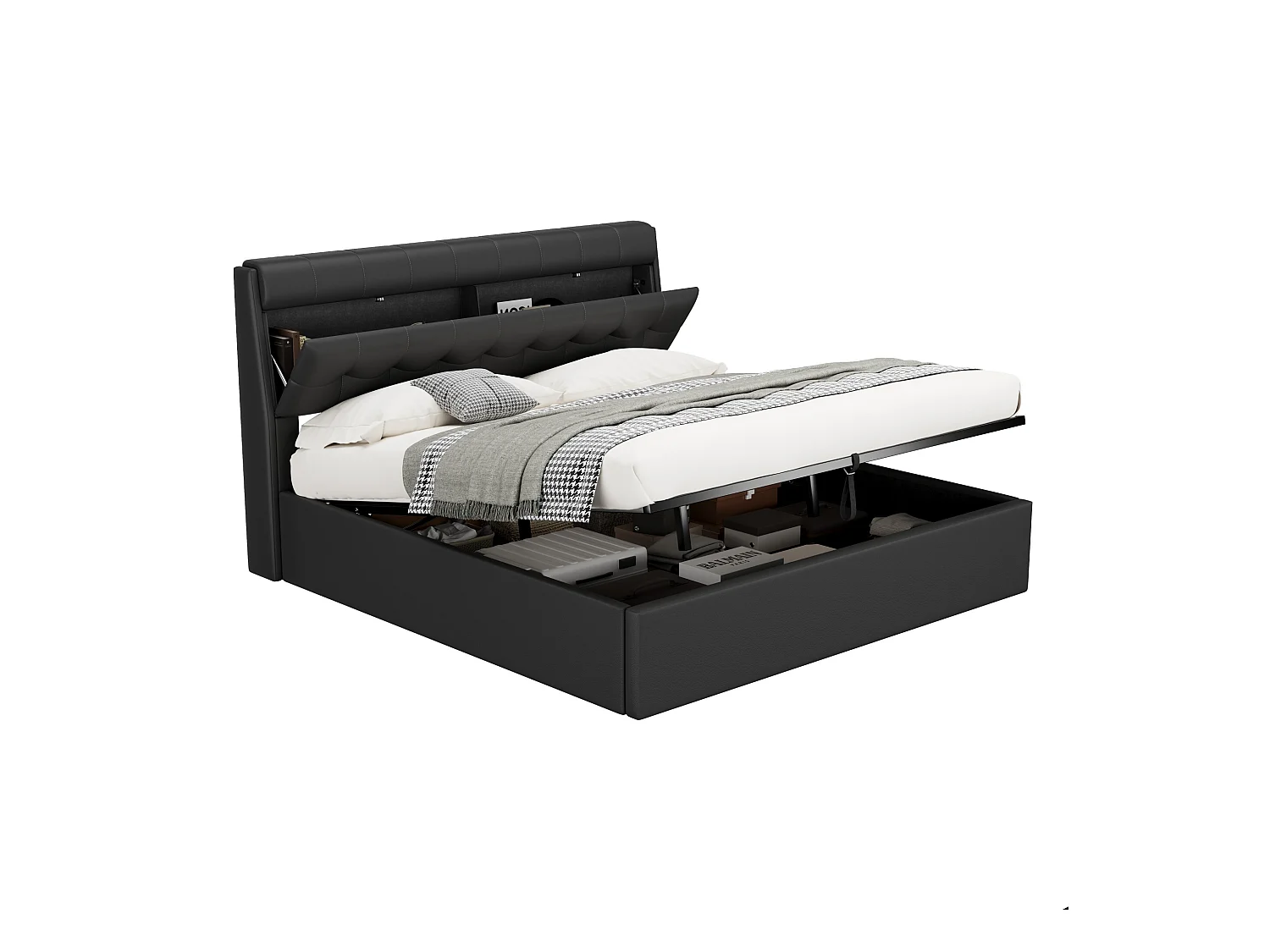 Lit coffre 180x200 cm - lit capitonné avec sommier à lattes et tête de lit coffre - PU - noir - sans matelas