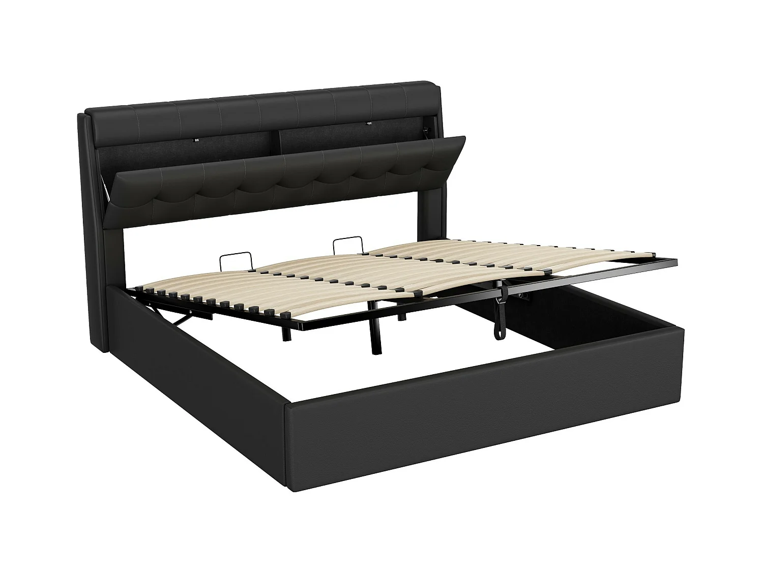 Lit coffre 180x200 cm - lit capitonné avec sommier à lattes et tête de lit coffre - PU - noir - sans matelas