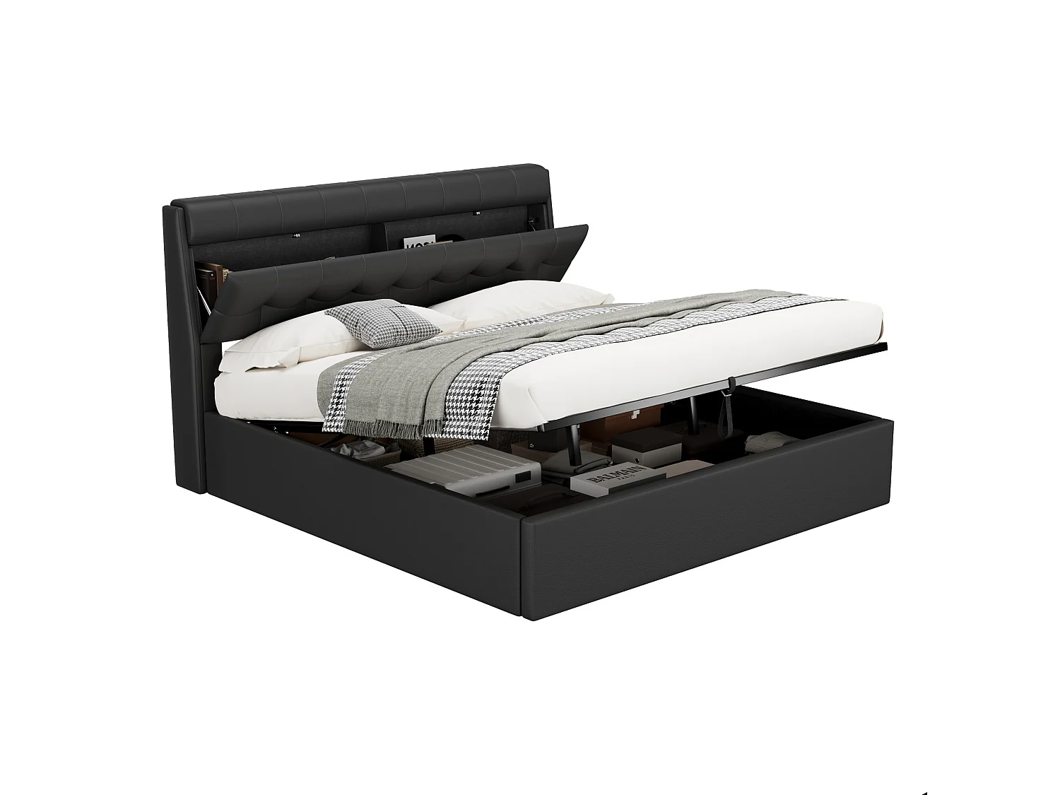 Lit coffre 180x200 cm - lit capitonné avec sommier à lattes et tête de lit coffre - PU - noir - sans matelas