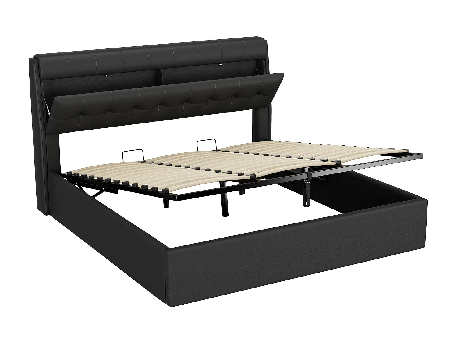 Lit coffre 180x200 cm - lit capitonné avec sommier à lattes et tête de lit coffre - PU - noir - sans matelas