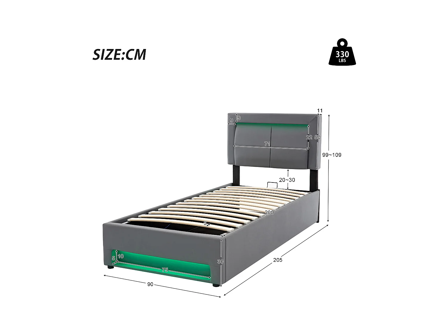 Lit coffre 90x200 cm - Lit adulte avec port USB, éclairage LED et rangements - PU - gris - sans matelas