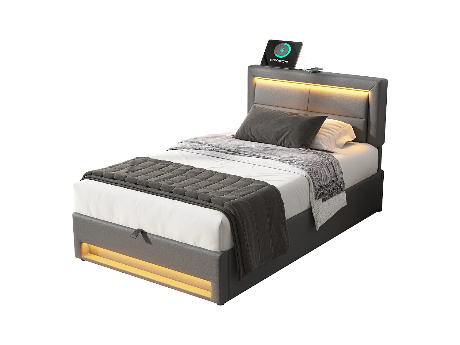 Lit coffre 90x200 cm - Lit adulte avec port USB, éclairage LED et rangements - PU - gris - sans matelas