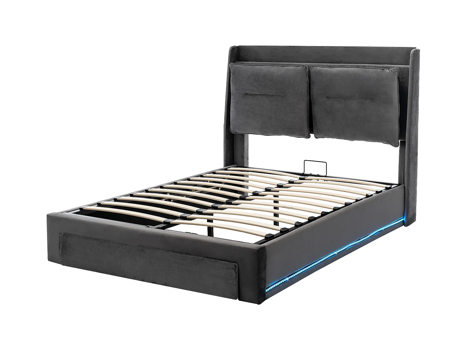 Lit coffre 160x200 cm - lit adulte avec tiroir de rangement 2 en 1 et bande lumineuse LED - velours - gris foncé - sans matelas