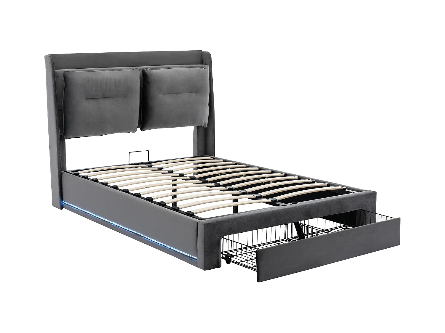 Lit coffre 160x200 cm - lit adulte avec tiroir de rangement 2 en 1 et bande lumineuse LED - velours - gris foncé - sans matelas