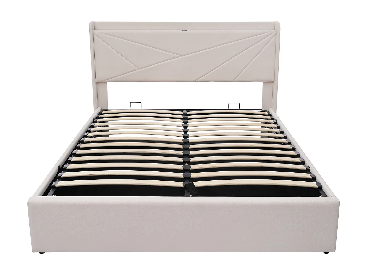 Opbergbed 140x200 cm - tweepersoonsbed met gestoffeerd hoofdbord met USB Type C-oplader - linnen - beige - zonder matras