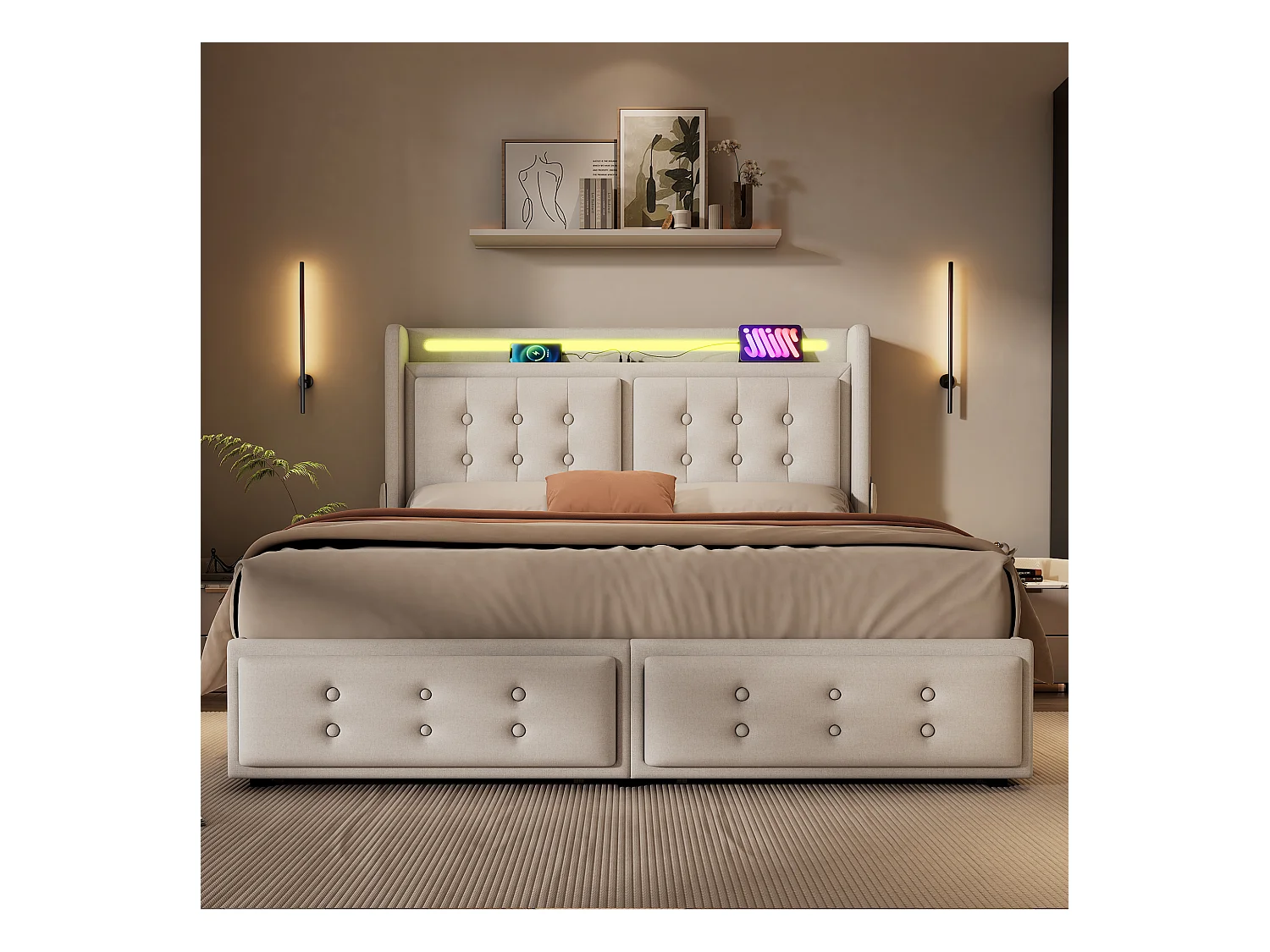 Lit adulte 180x200 cm - Lit double avec prise USB et LED - 4 tiroirs - Coton et lin beige