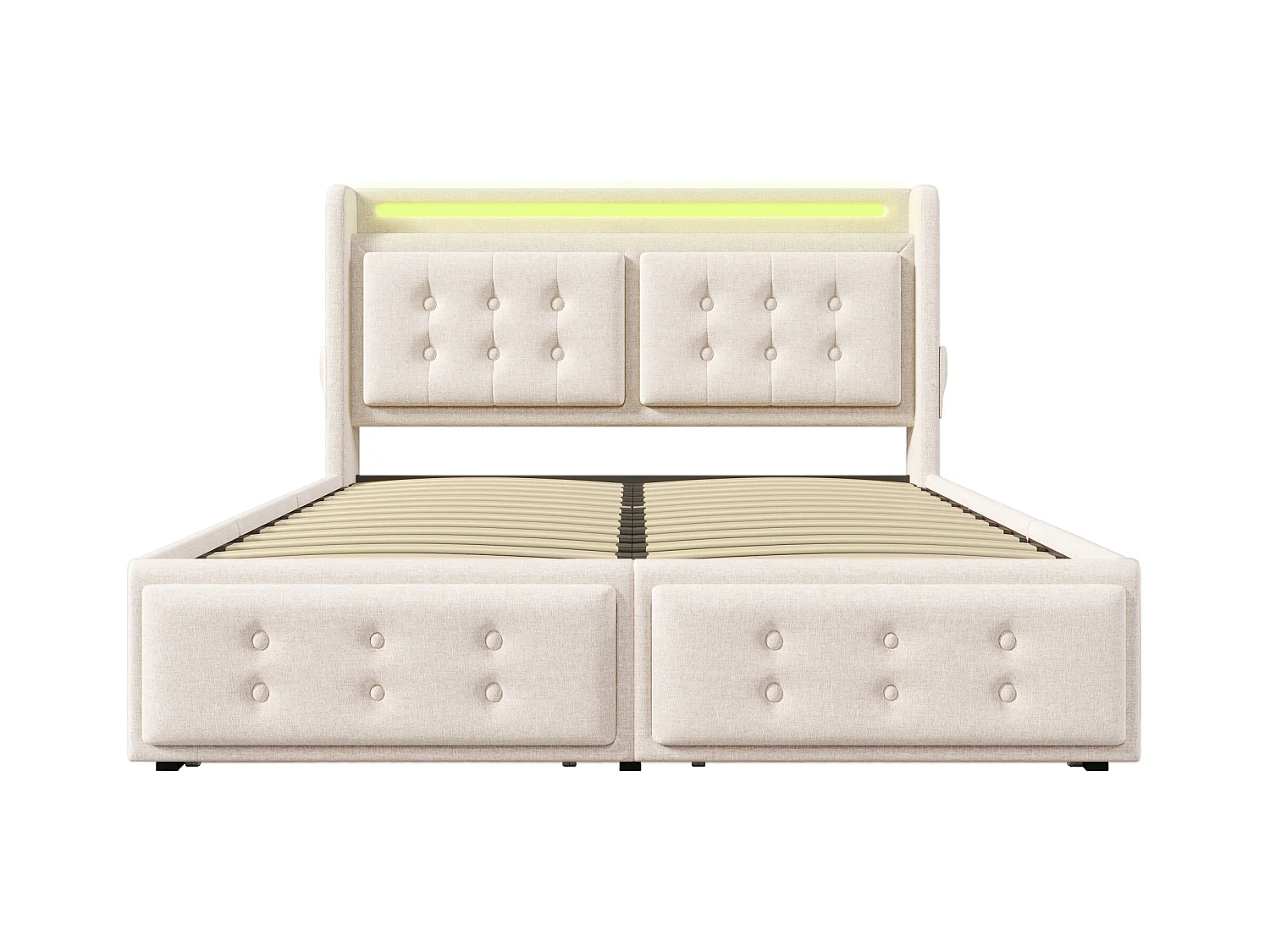 Lit adulte 180x200 cm - Lit double avec prise USB et LED - 4 tiroirs - Coton et lin beige